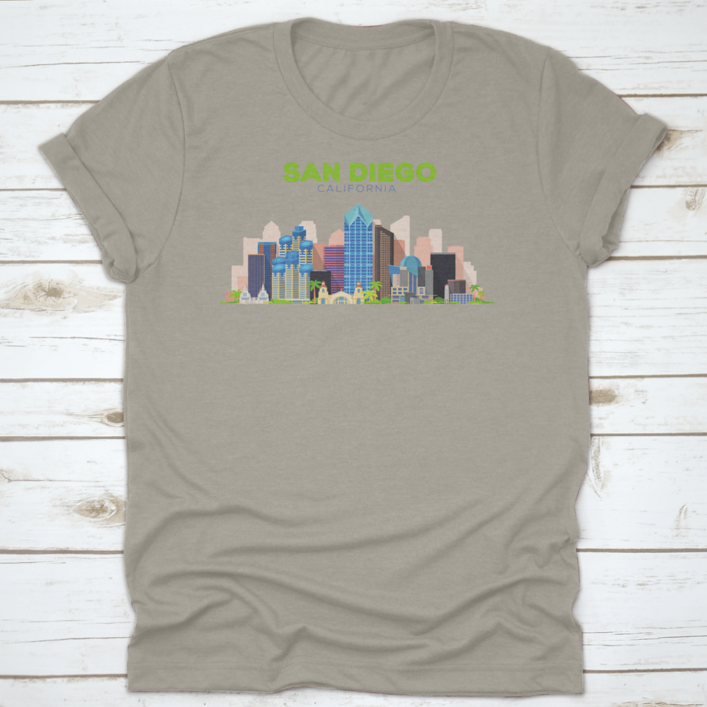 A stylish t-shirt featuring the San Diego California Beautiful Building Design, showcasing its vibrant colors and comfortable fit.