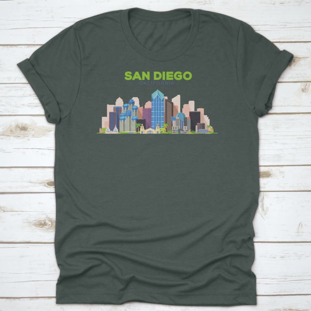A stylish t-shirt featuring the San Diego California Beautiful Building Design, showcasing its vibrant colors and comfortable fit.