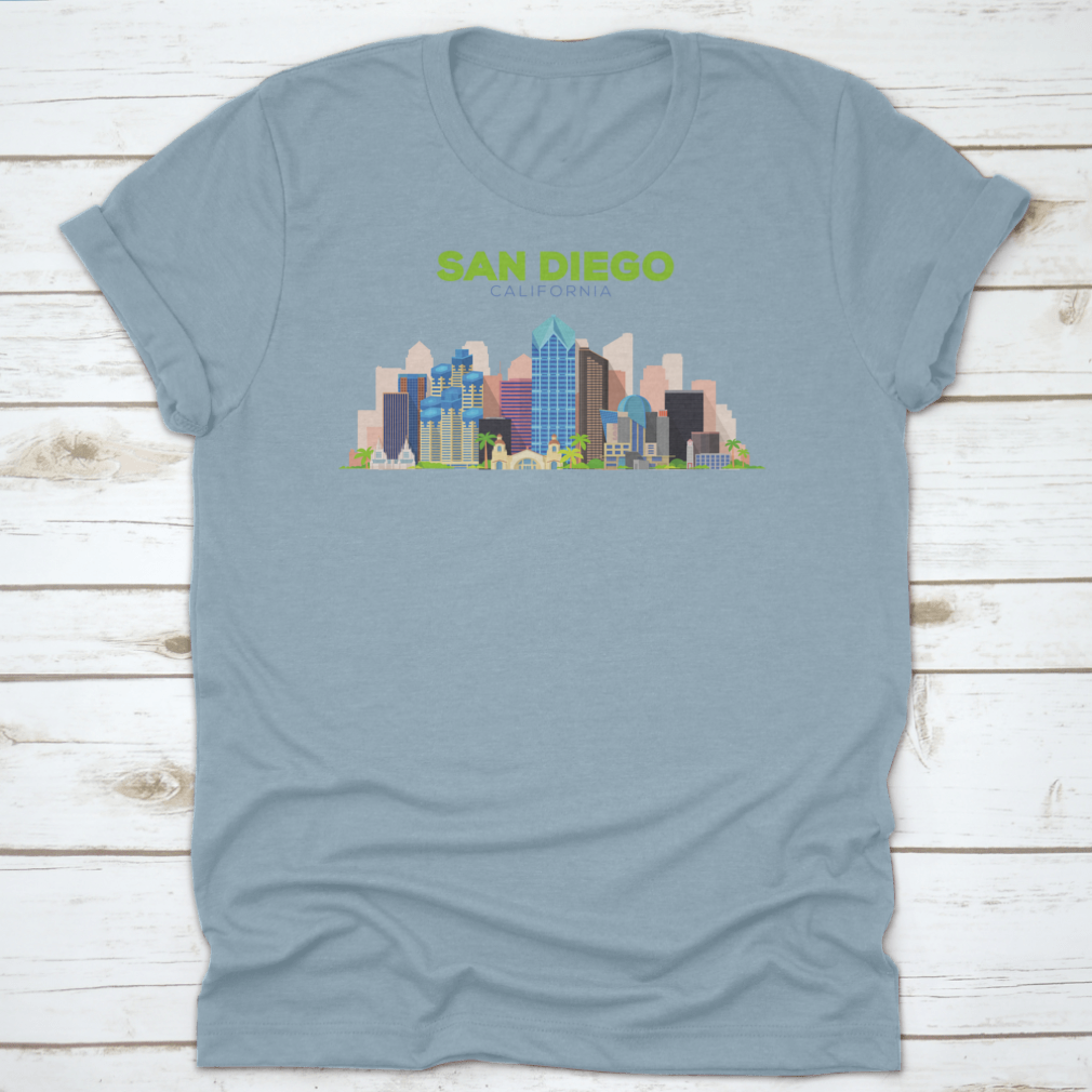 A stylish t-shirt featuring the San Diego California Beautiful Building Design, showcasing its vibrant colors and comfortable fit.
