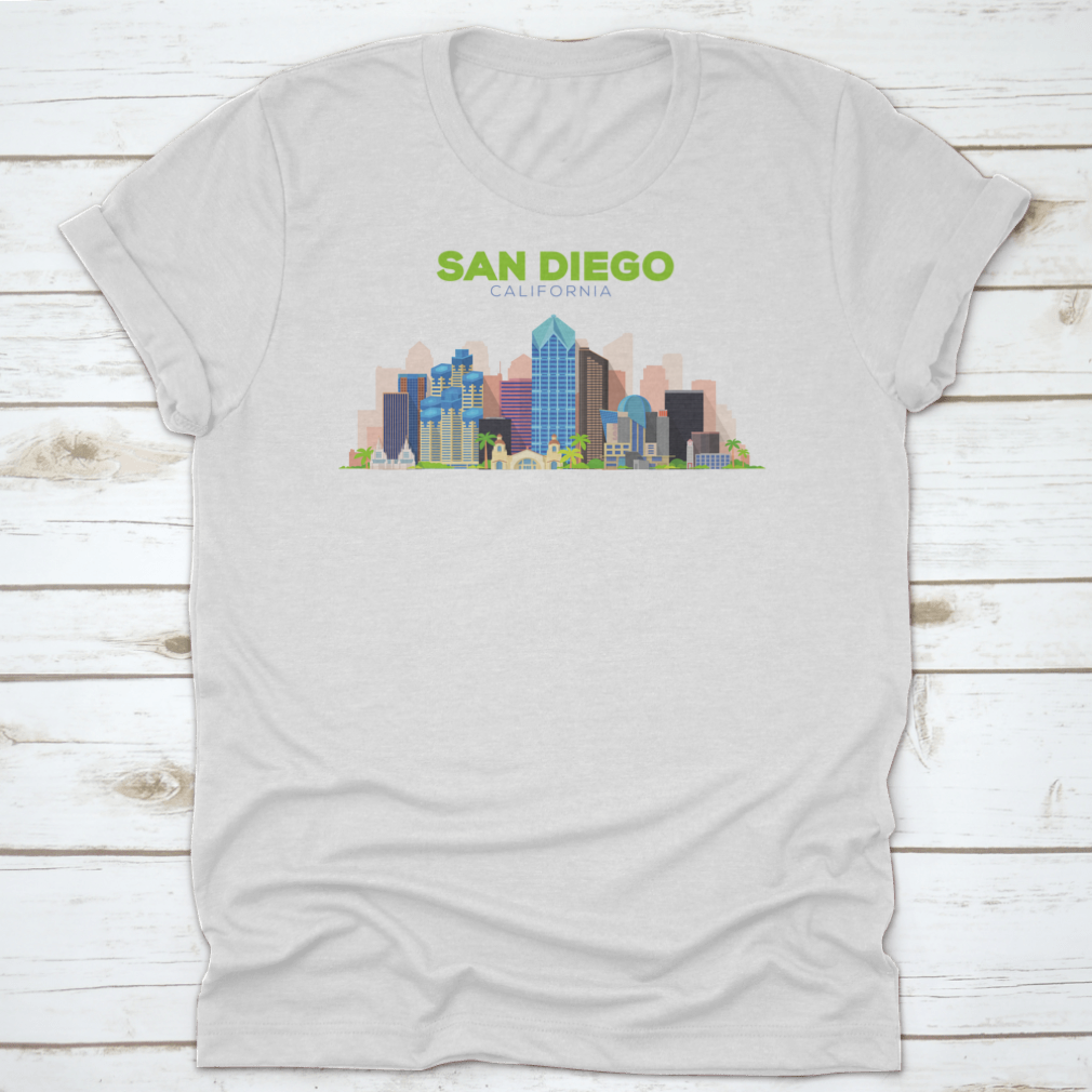 A stylish t-shirt featuring the San Diego California Beautiful Building Design, showcasing its vibrant colors and comfortable fit.