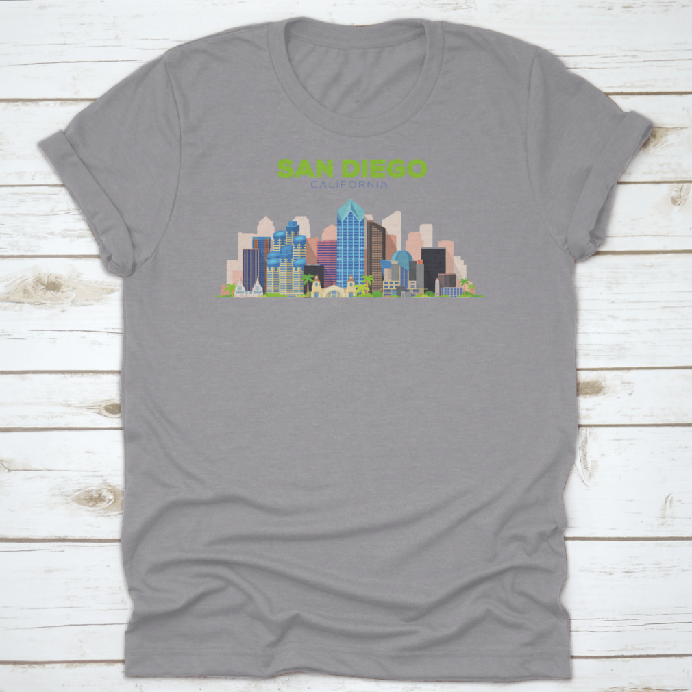 A stylish t-shirt featuring the San Diego California Beautiful Building Design, showcasing its vibrant colors and comfortable fit.