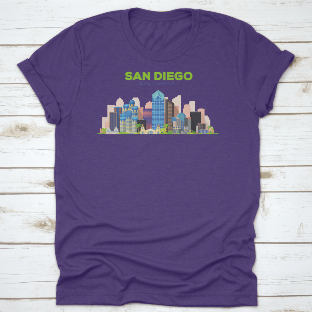 A stylish t-shirt featuring the San Diego California Beautiful Building Design, showcasing its vibrant colors and comfortable fit.