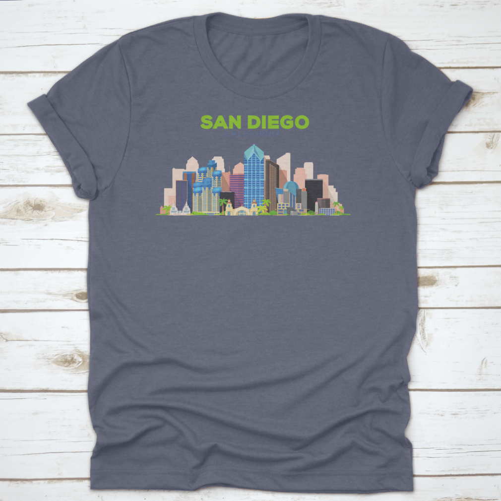 A stylish t-shirt featuring the San Diego California Beautiful Building Design, showcasing its vibrant colors and comfortable fit.