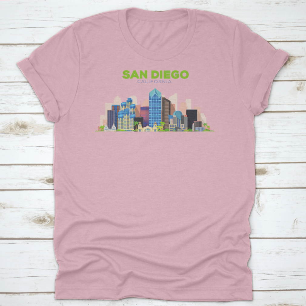 A stylish t-shirt featuring the San Diego California Beautiful Building Design, showcasing its vibrant colors and comfortable fit.