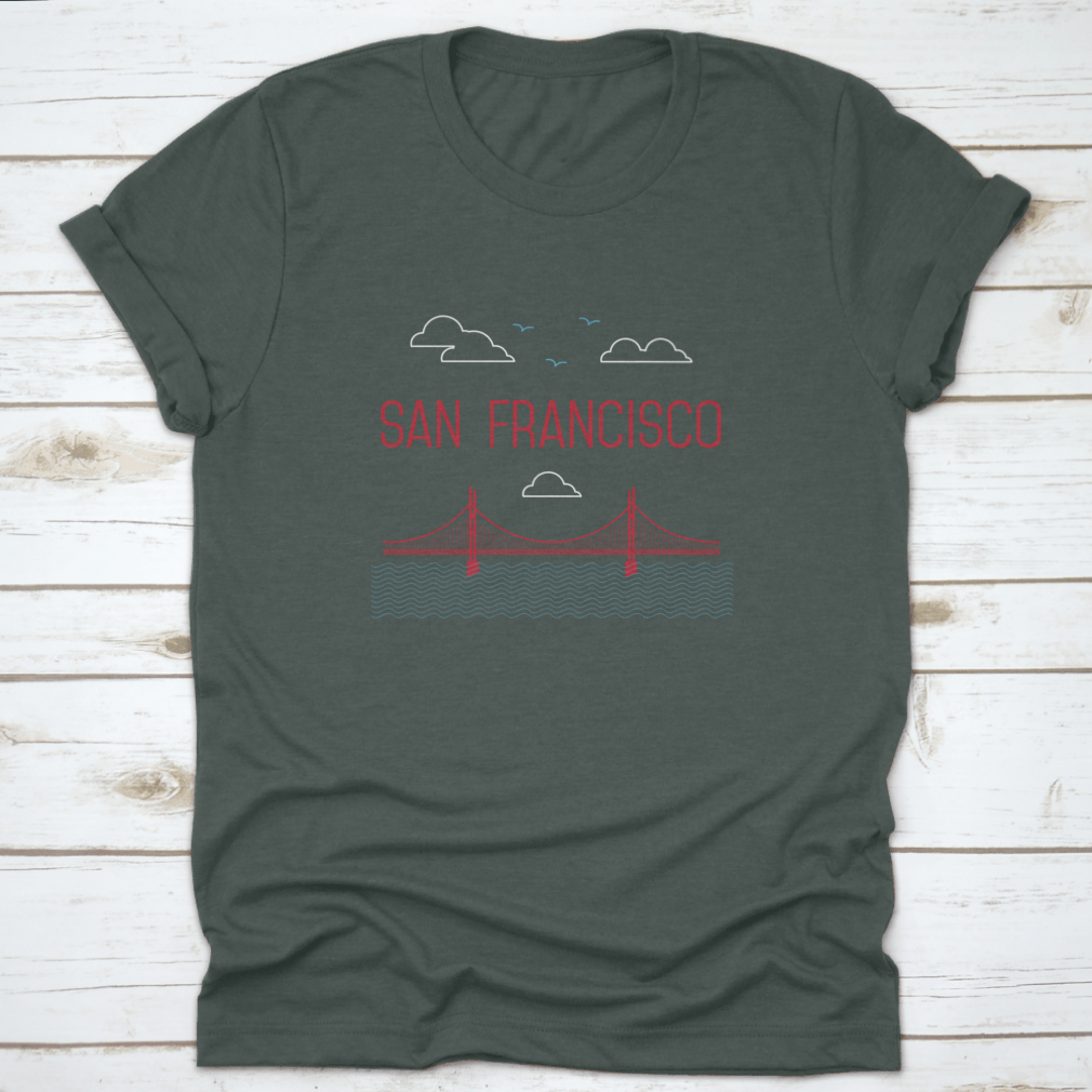 A stylish t-shirt featuring the San Francisco Golden Gate Bridge design, made from high-quality cotton fabric.