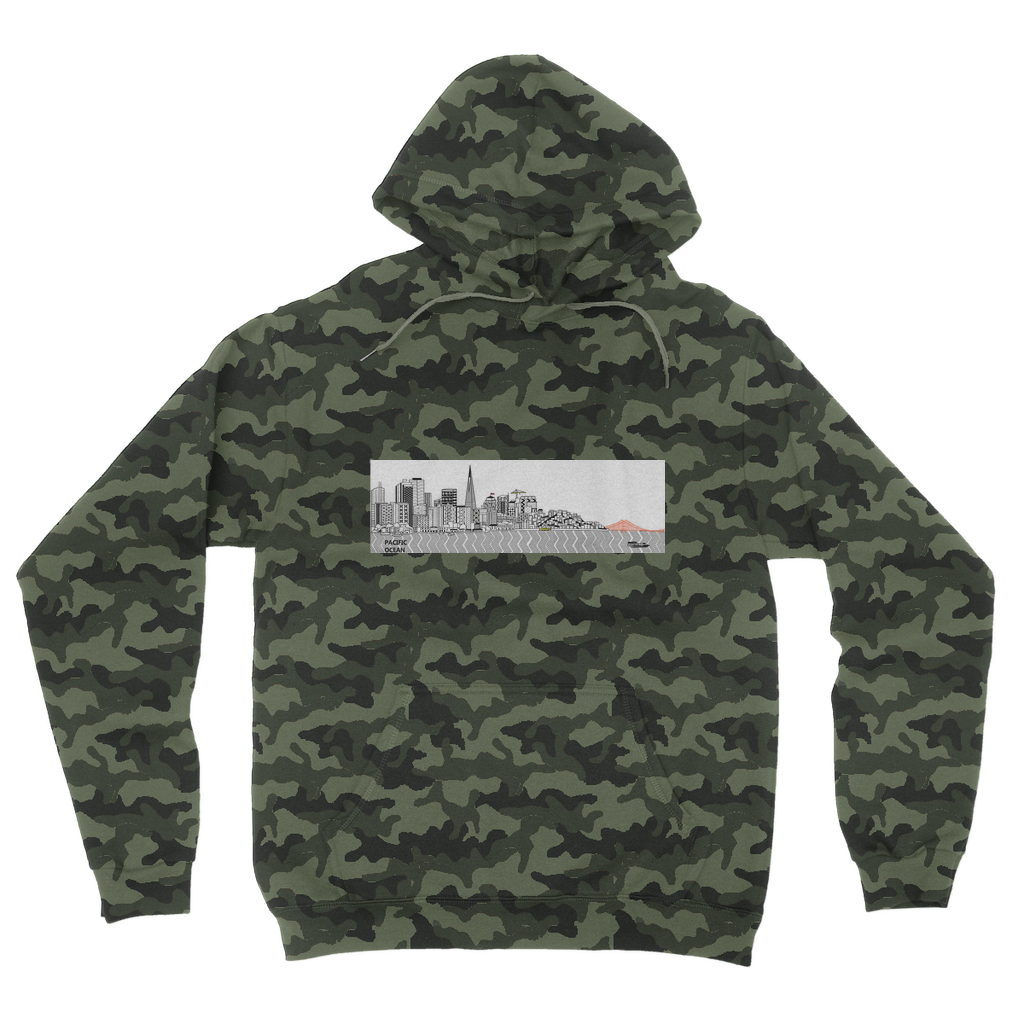 San Francisco Towel Camouflage Adult Hoodie featuring a classic camo print, double fabric hood, and kangaroo pouch pocket.
