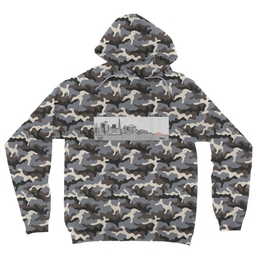 San Francisco Towel Camouflage Adult Hoodie featuring a classic camo print, double fabric hood, and kangaroo pouch pocket.