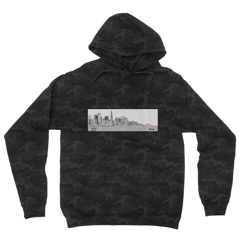 San Francisco Towel Camouflage Adult Hoodie featuring a classic camo print, double fabric hood, and kangaroo pouch pocket.