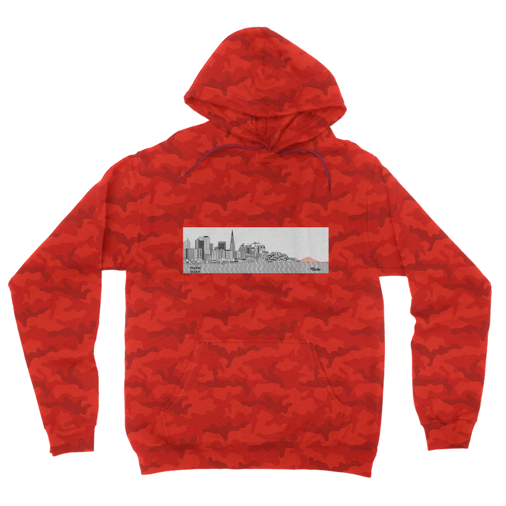 San Francisco Towel Camouflage Adult Hoodie featuring a classic camo print, double fabric hood, and kangaroo pouch pocket.