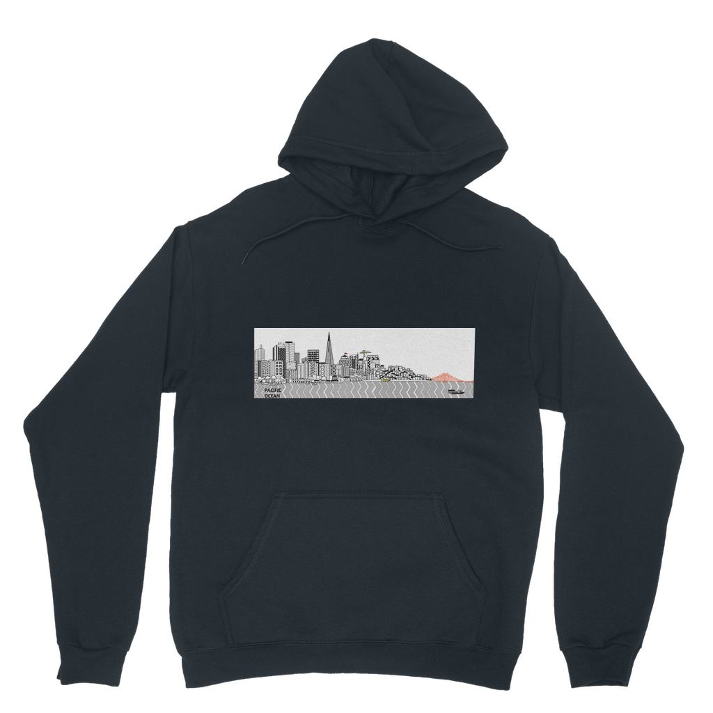 San Francisco Towel Classic Adult Hoodie in various colors, showcasing the double fabric hood, kangaroo pouch pocket, and ribbed cuffs.