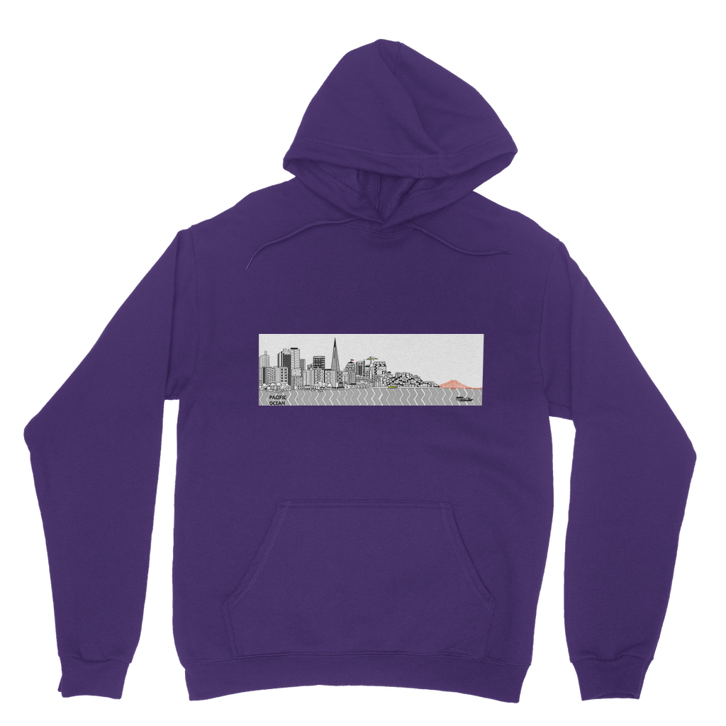 San Francisco Towel Classic Adult Hoodie in various colors, showcasing the double fabric hood, kangaroo pouch pocket, and ribbed cuffs.