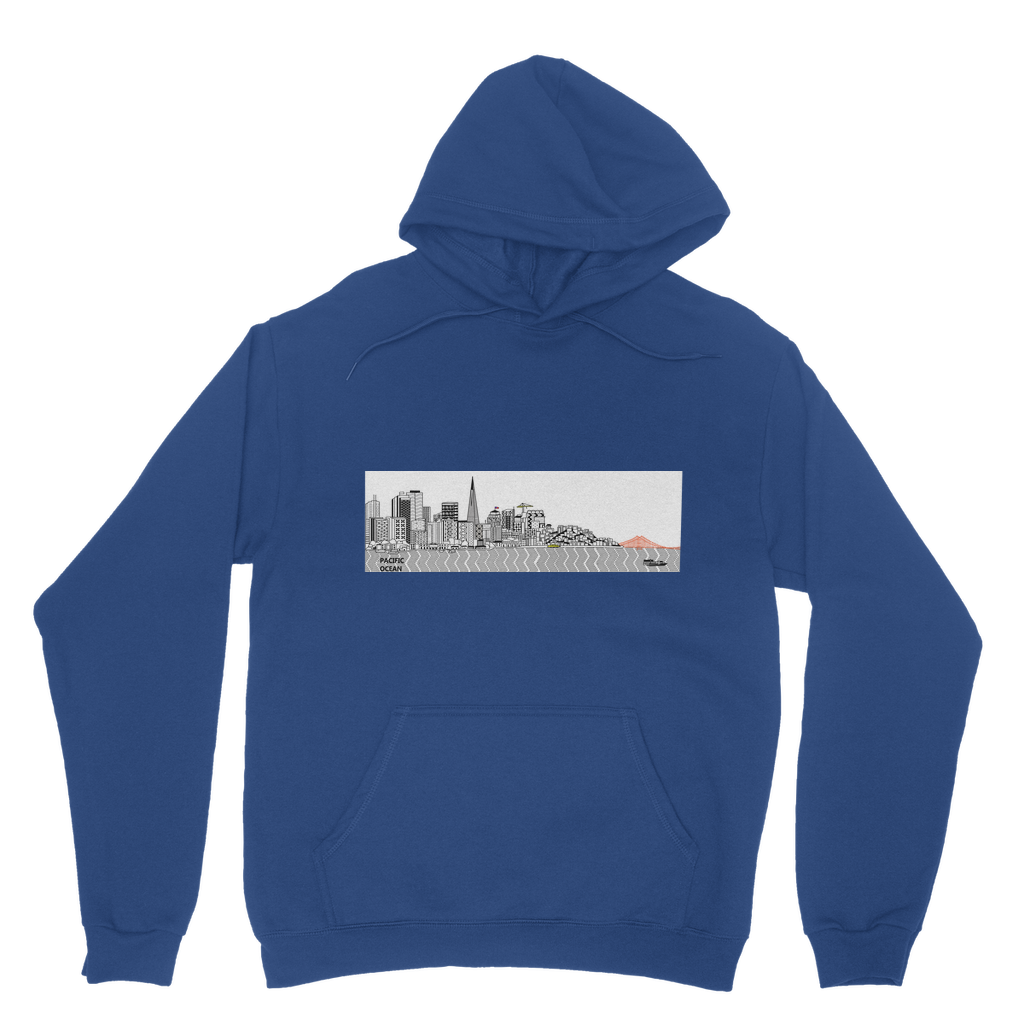 San Francisco Towel Classic Adult Hoodie in various colors, showcasing the double fabric hood, kangaroo pouch pocket, and ribbed cuffs.