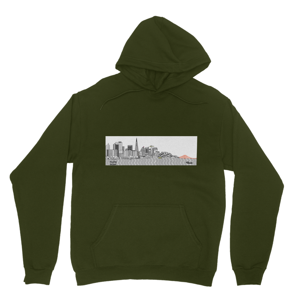 San Francisco Towel Classic Adult Hoodie in various colors, showcasing the double fabric hood, kangaroo pouch pocket, and ribbed cuffs.