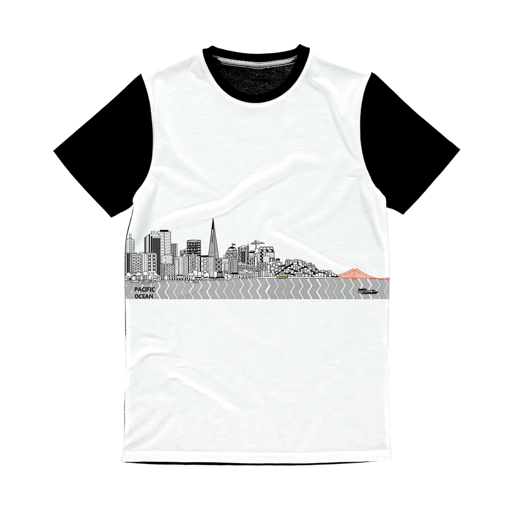 San Francisco Towel Classic Sublimation Panel T-Shirt featuring a vibrant front panel and plain black back, ideal for custom printing.