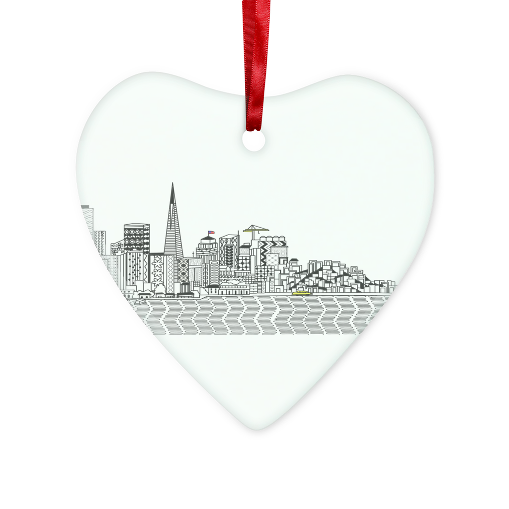 San Francisco Towel Glass Hanging Ornament in round and heart shapes, beautifully packaged with a red ribbon and gold string.