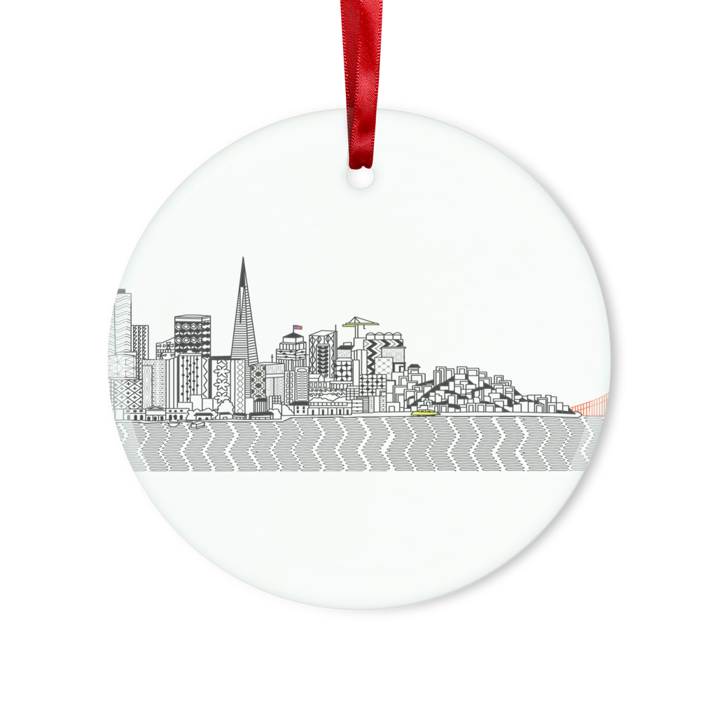 San Francisco Towel Glass Hanging Ornament in round and heart shapes, beautifully packaged with a red ribbon and gold string.