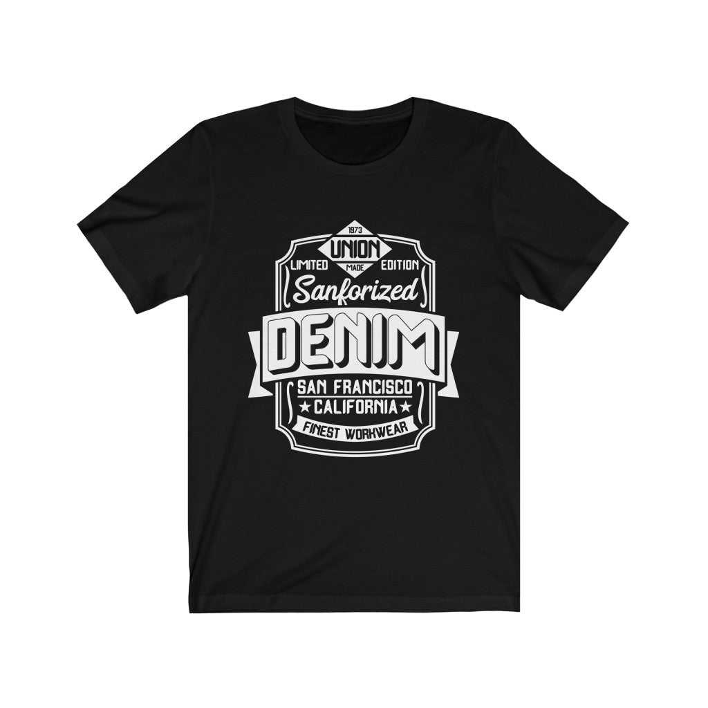 Sanforized Denim San Francisco CA T-Shirt in soft cotton with vinyl print, showcasing a stylish design suitable for all.