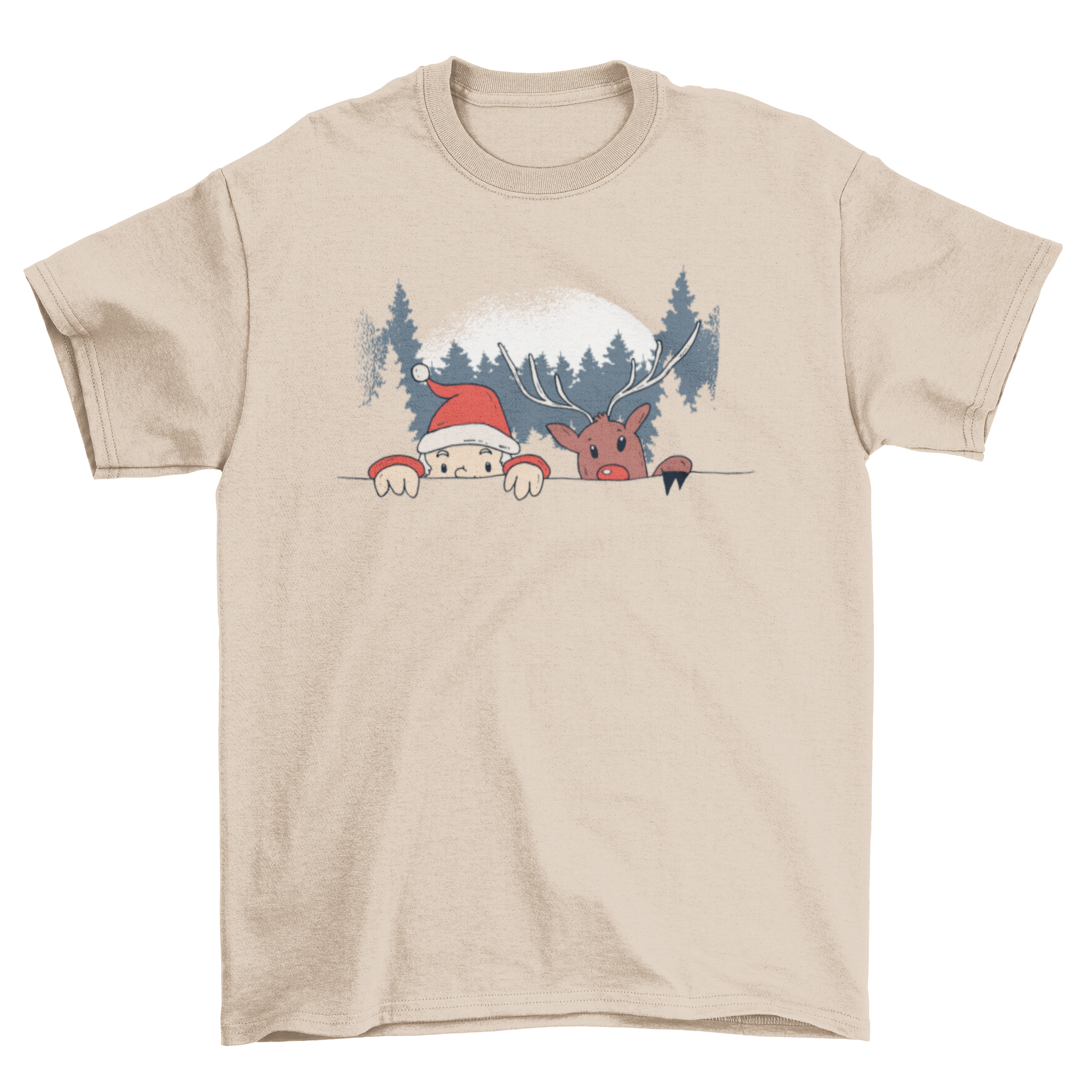 A festive t-shirt design featuring Santa Claus and Rudolph the Reindeer climbing a fence, preparing to deliver presents under Christmas trees.