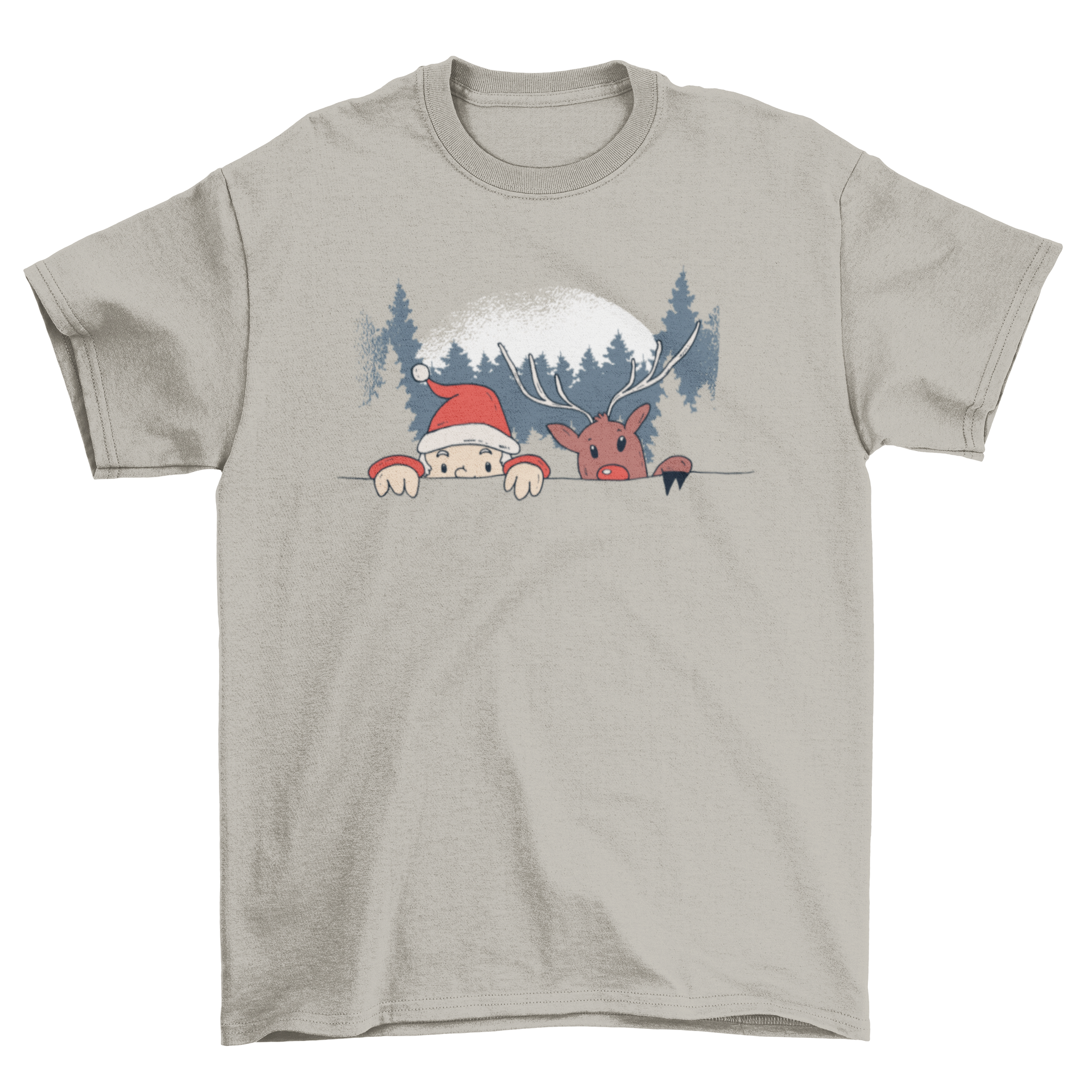 A festive t-shirt design featuring Santa Claus and Rudolph the Reindeer climbing a fence, preparing to deliver presents under Christmas trees.