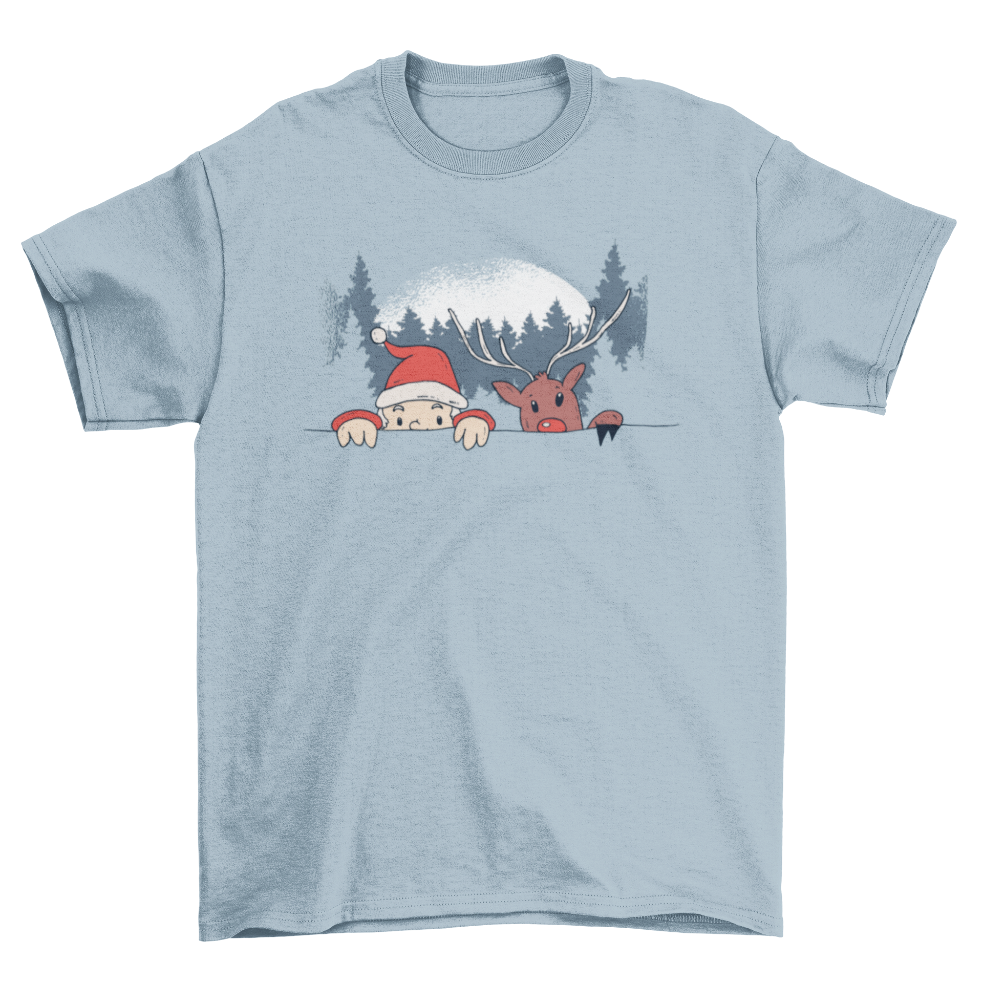 A festive t-shirt design featuring Santa Claus and Rudolph the Reindeer climbing a fence, preparing to deliver presents under Christmas trees.