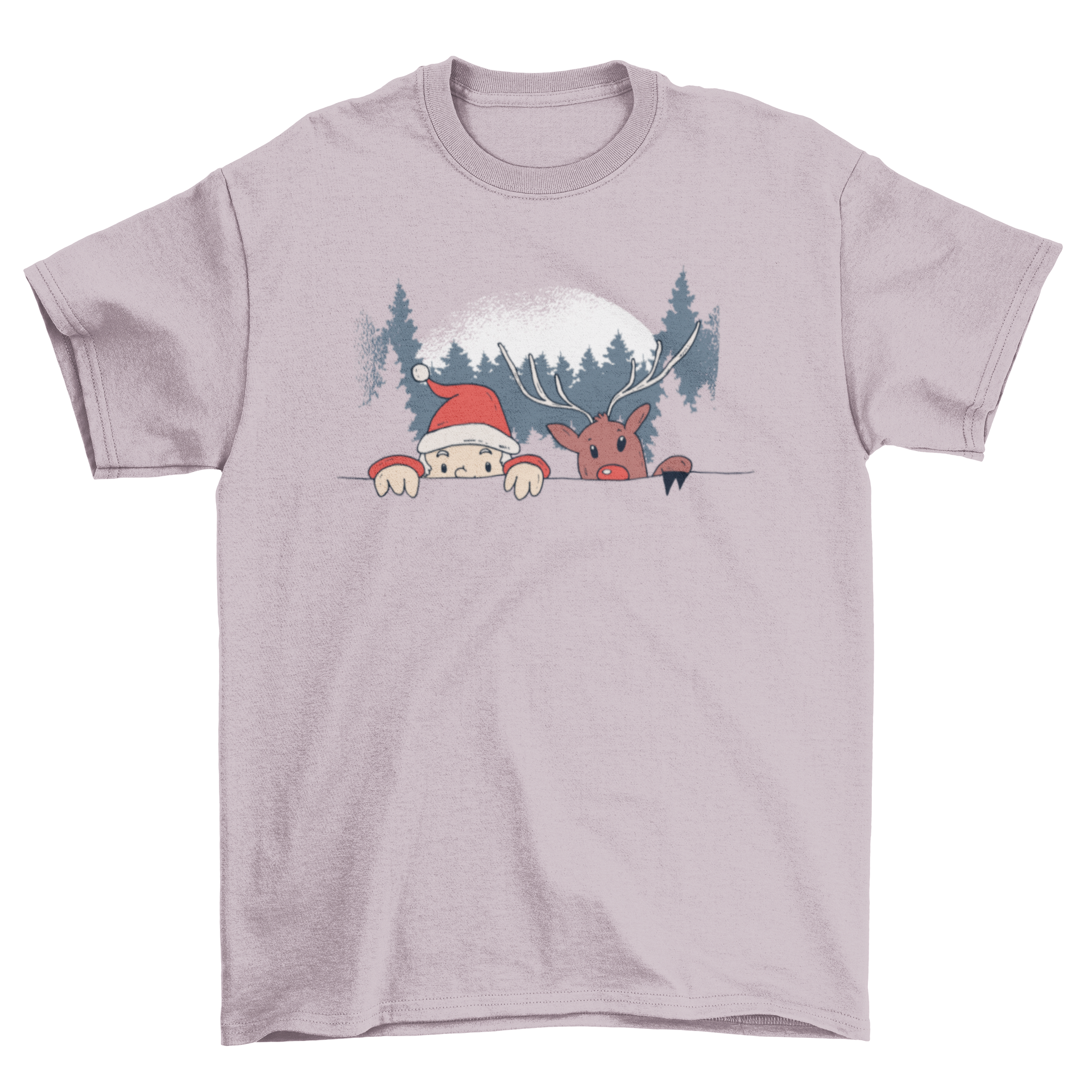 A festive t-shirt design featuring Santa Claus and Rudolph the Reindeer climbing a fence, preparing to deliver presents under Christmas trees.