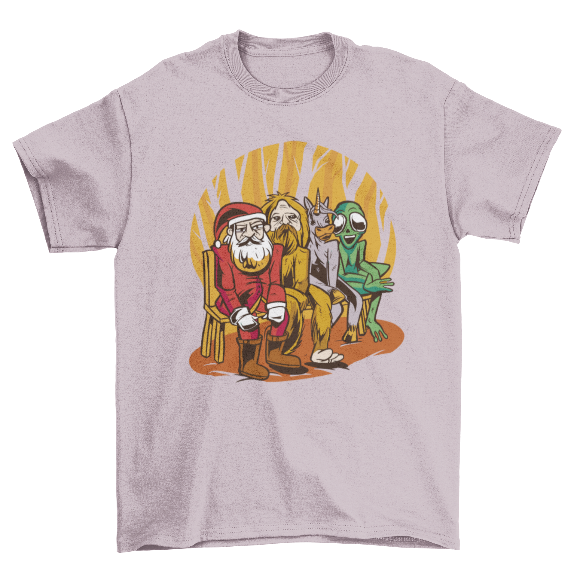 A colorful cartoon t-shirt featuring Santa Claus, an alien, a unicorn, and Bigfoot sitting on a bench, perfect for festive occasions.