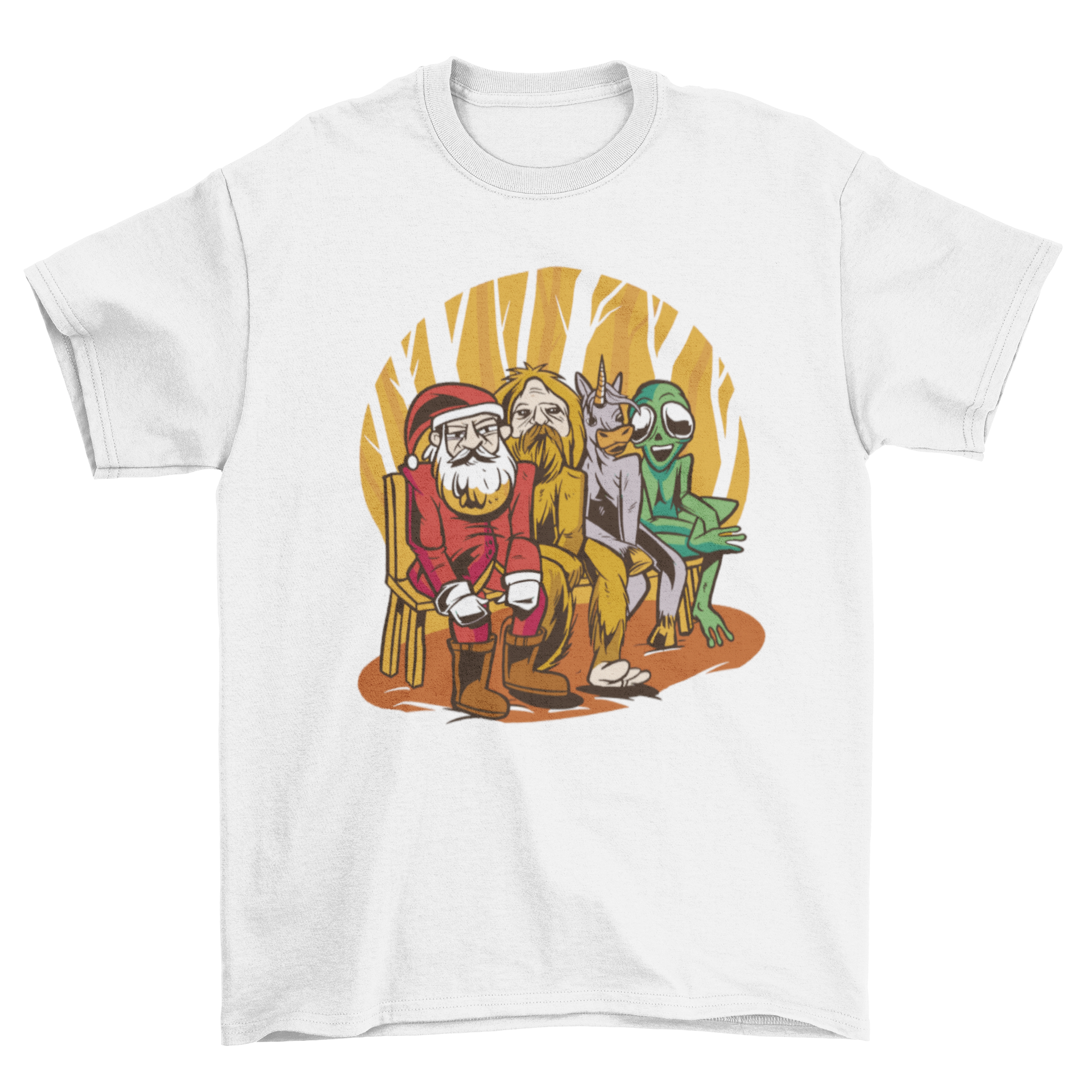 A colorful cartoon t-shirt featuring Santa Claus, an alien, a unicorn, and Bigfoot sitting on a bench, perfect for festive occasions.
