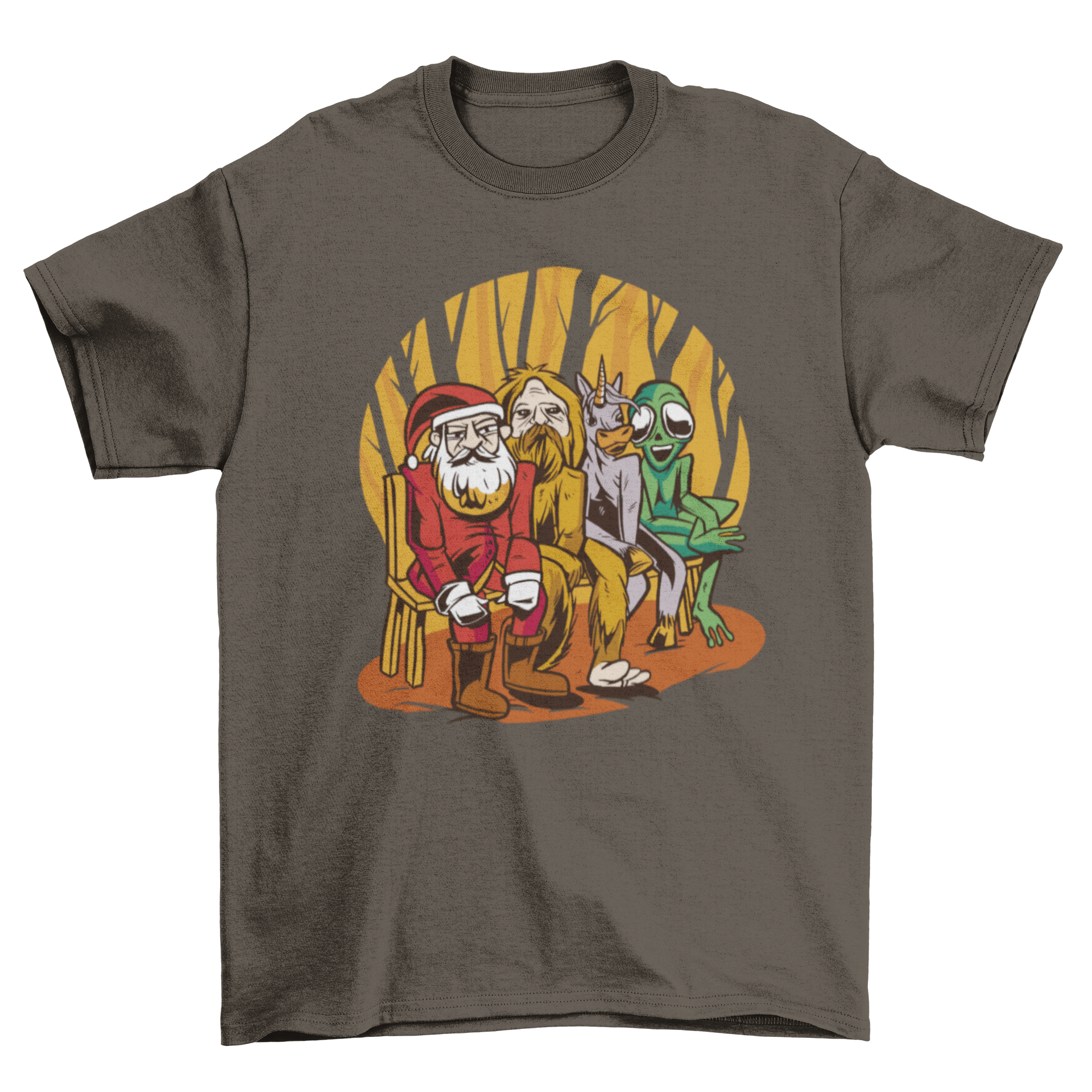 A colorful cartoon t-shirt featuring Santa Claus, an alien, a unicorn, and Bigfoot sitting on a bench, perfect for festive occasions.