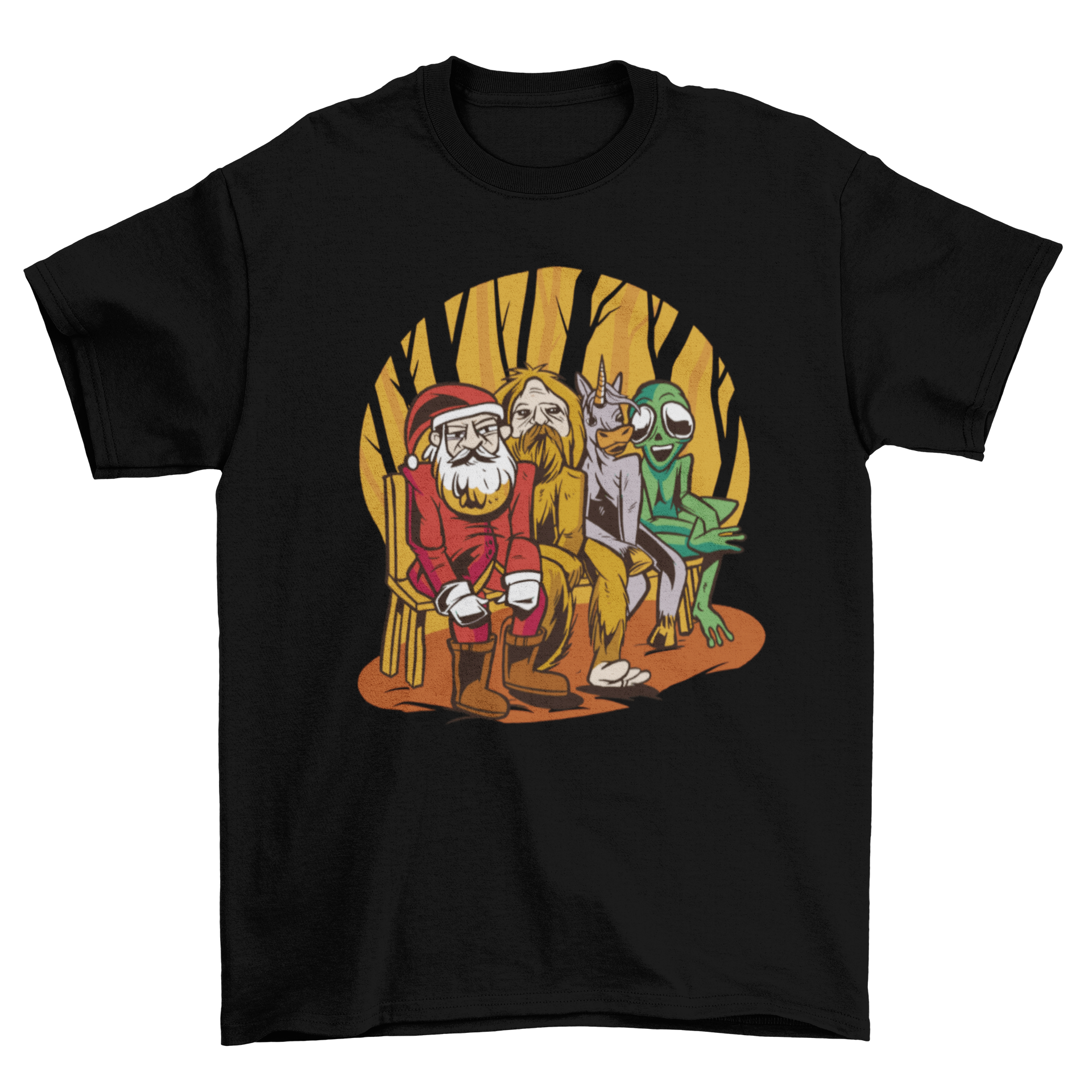 A colorful cartoon t-shirt featuring Santa Claus, an alien, a unicorn, and Bigfoot sitting on a bench, perfect for festive occasions.