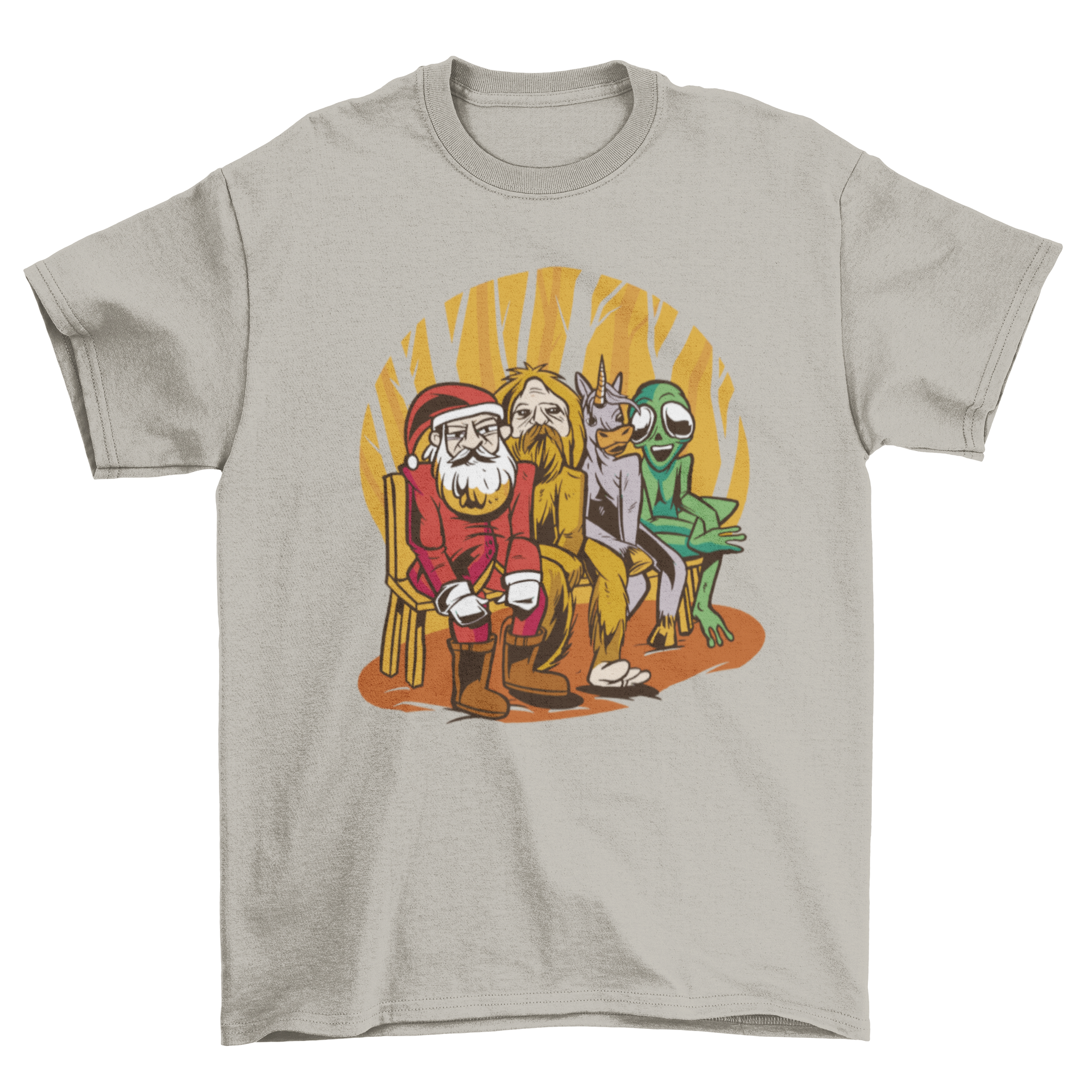 A colorful cartoon t-shirt featuring Santa Claus, an alien, a unicorn, and Bigfoot sitting on a bench, perfect for festive occasions.