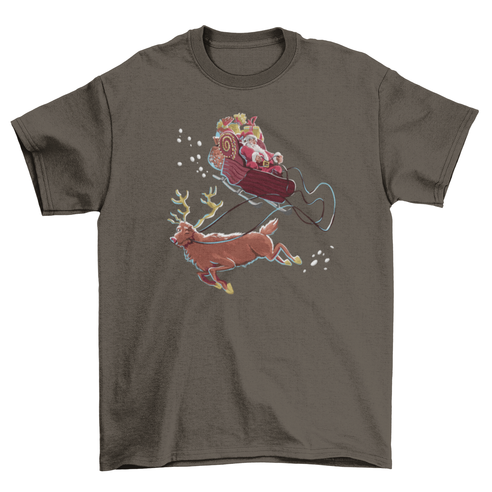 A festive Christmas t-shirt featuring Santa Claus in a sled with a reindeer, perfect for holiday celebrations.