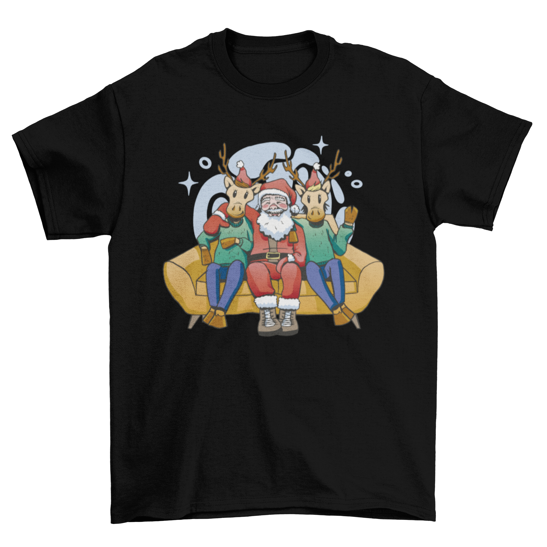 A humorous Christmas t-shirt design featuring Santa Claus relaxing on a sofa with two reindeers, perfect for holiday celebrations.