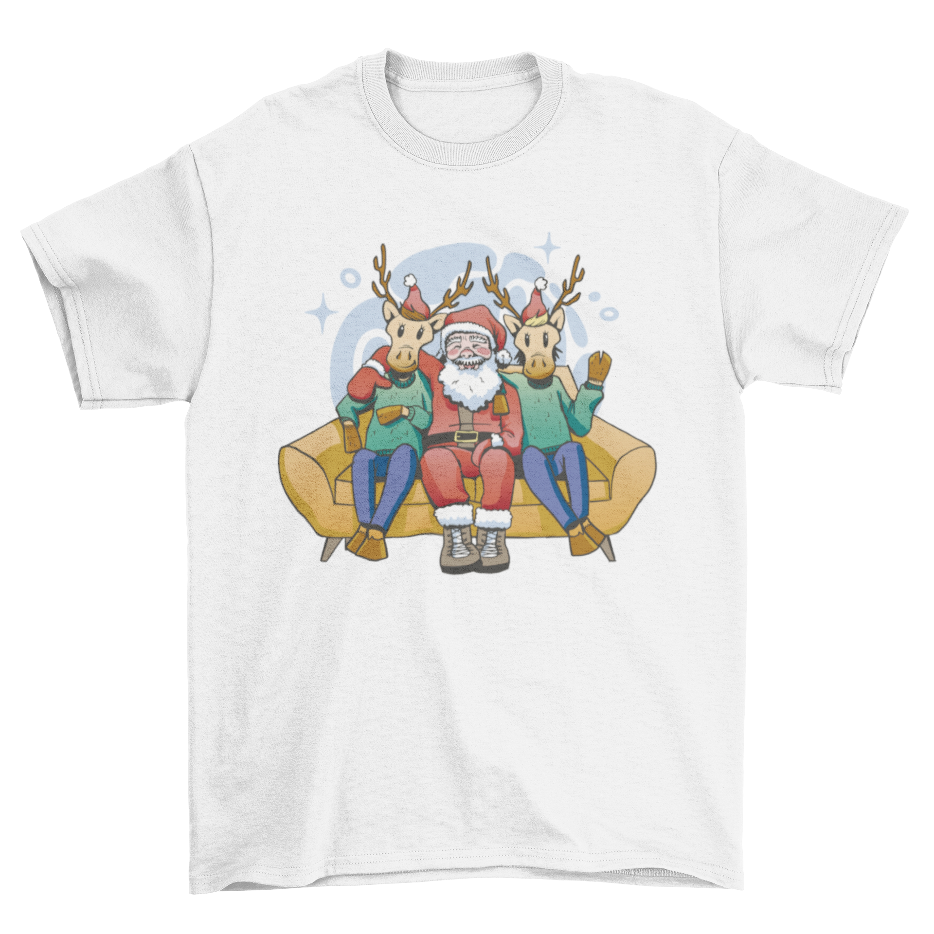 A humorous Christmas t-shirt design featuring Santa Claus relaxing on a sofa with two reindeers, perfect for holiday celebrations.