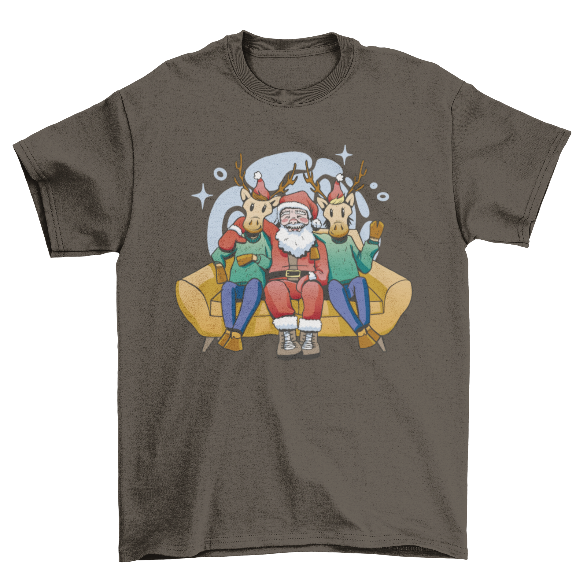 A humorous Christmas t-shirt design featuring Santa Claus relaxing on a sofa with two reindeers, perfect for holiday celebrations.