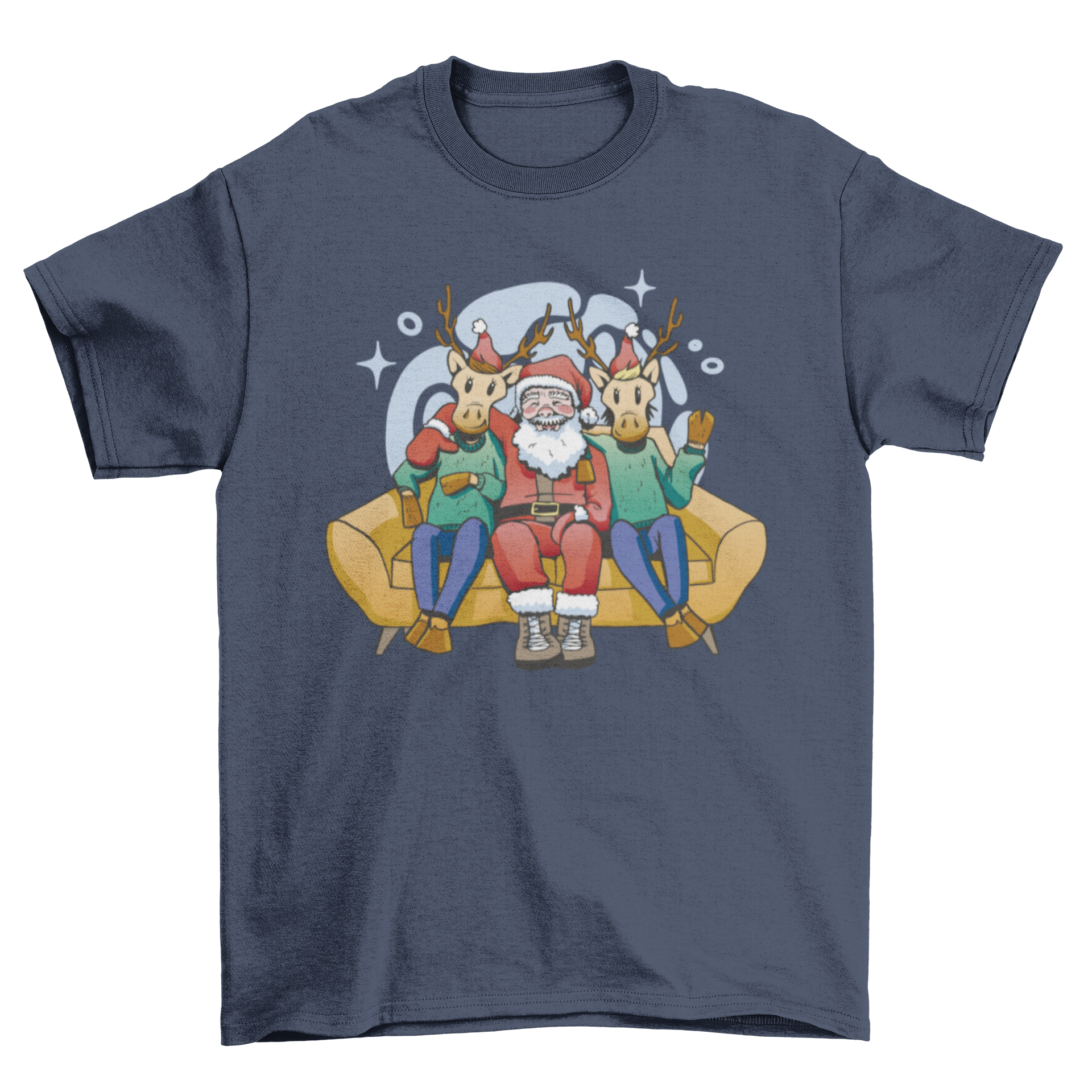 A humorous Christmas t-shirt design featuring Santa Claus relaxing on a sofa with two reindeers, perfect for holiday celebrations.