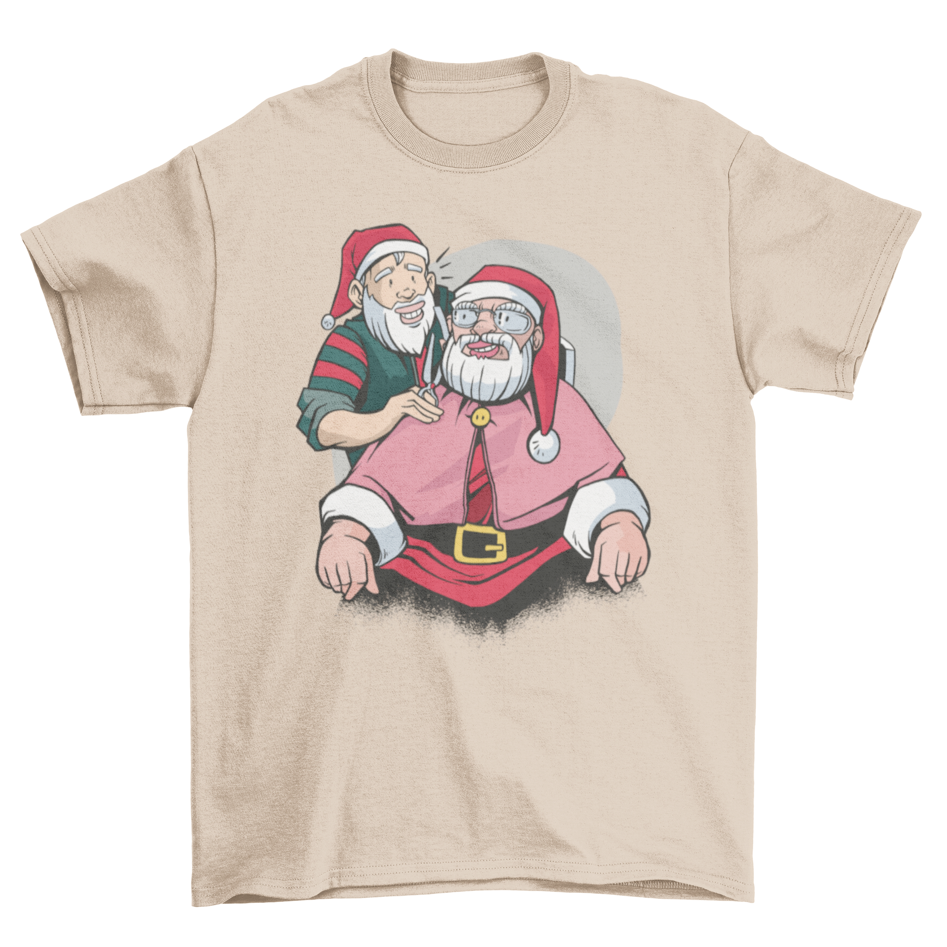 Santa Claus in a barber shop illustration on a t-shirt, showcasing a festive and humorous design.