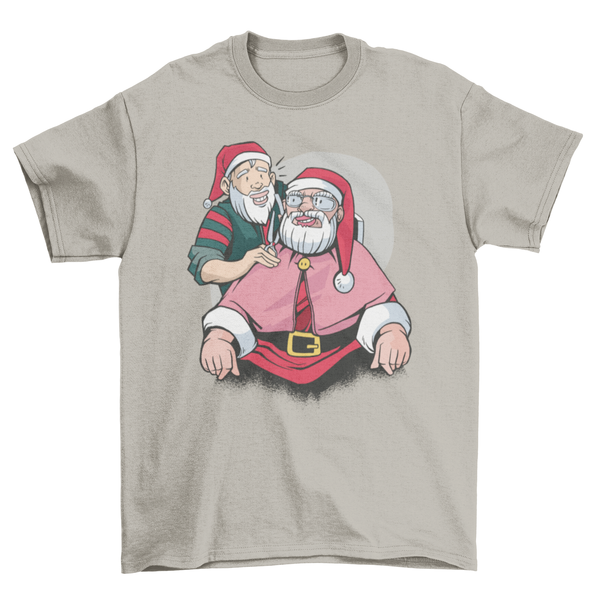Santa Claus in a barber shop illustration on a t-shirt, showcasing a festive and humorous design.
