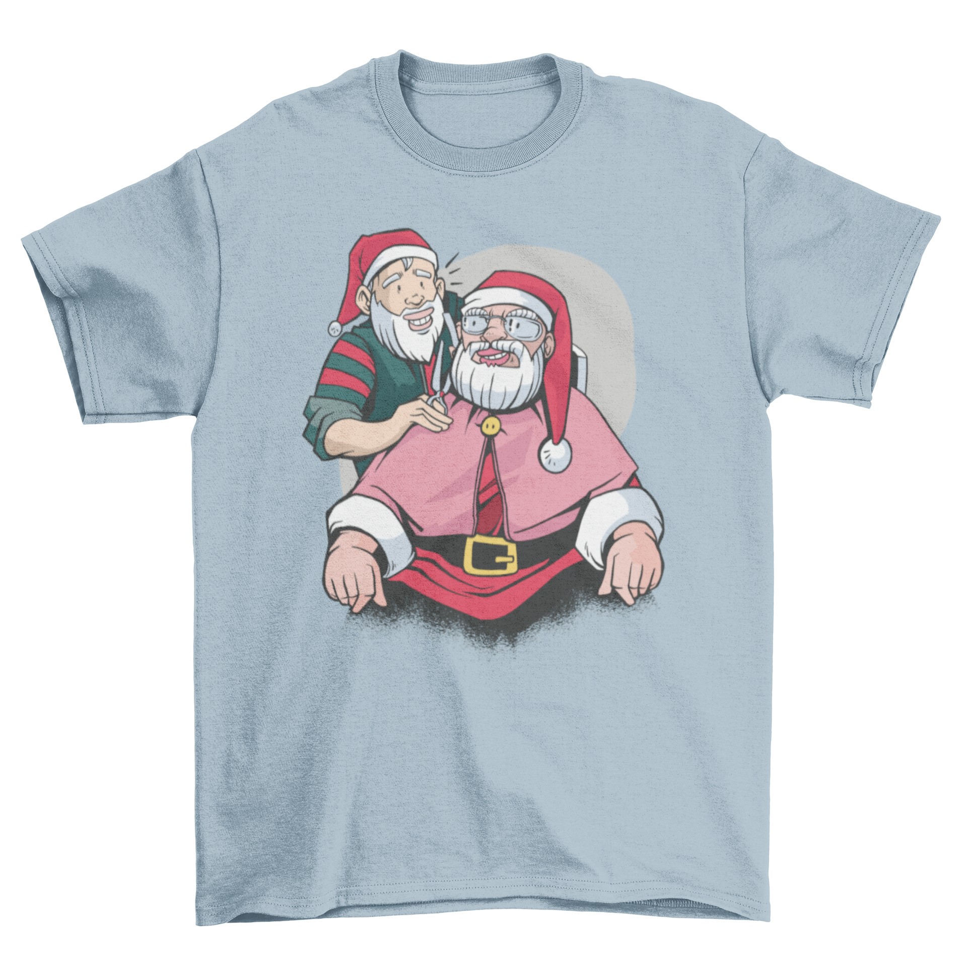 Santa Claus in a barber shop illustration on a t-shirt, showcasing a festive and humorous design.