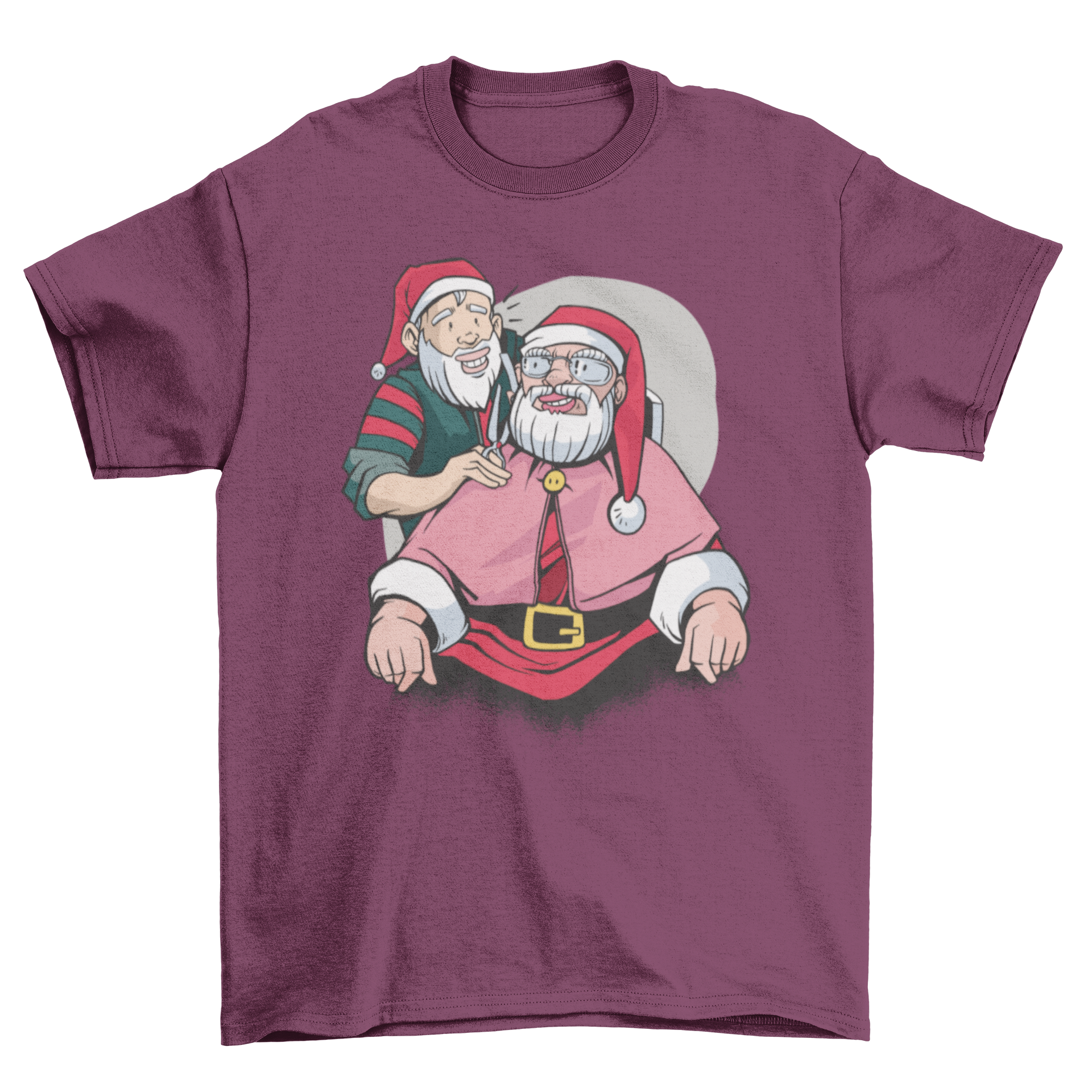 Santa Claus in a barber shop illustration on a t-shirt, showcasing a festive and humorous design.