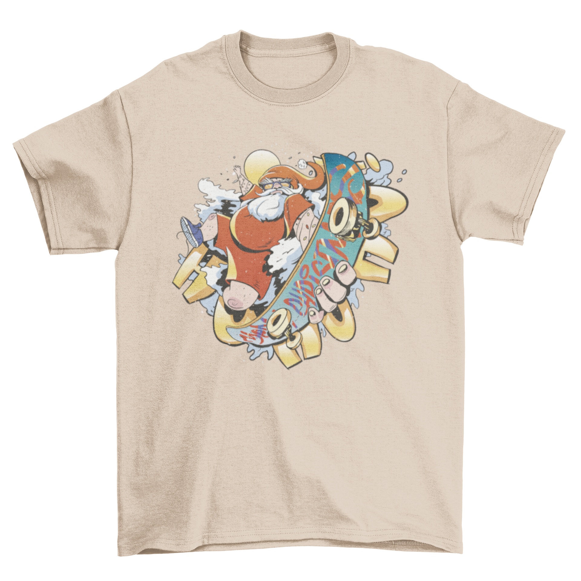A festive t-shirt featuring Santa Claus skateboarding, showcasing a vibrant and playful design.
