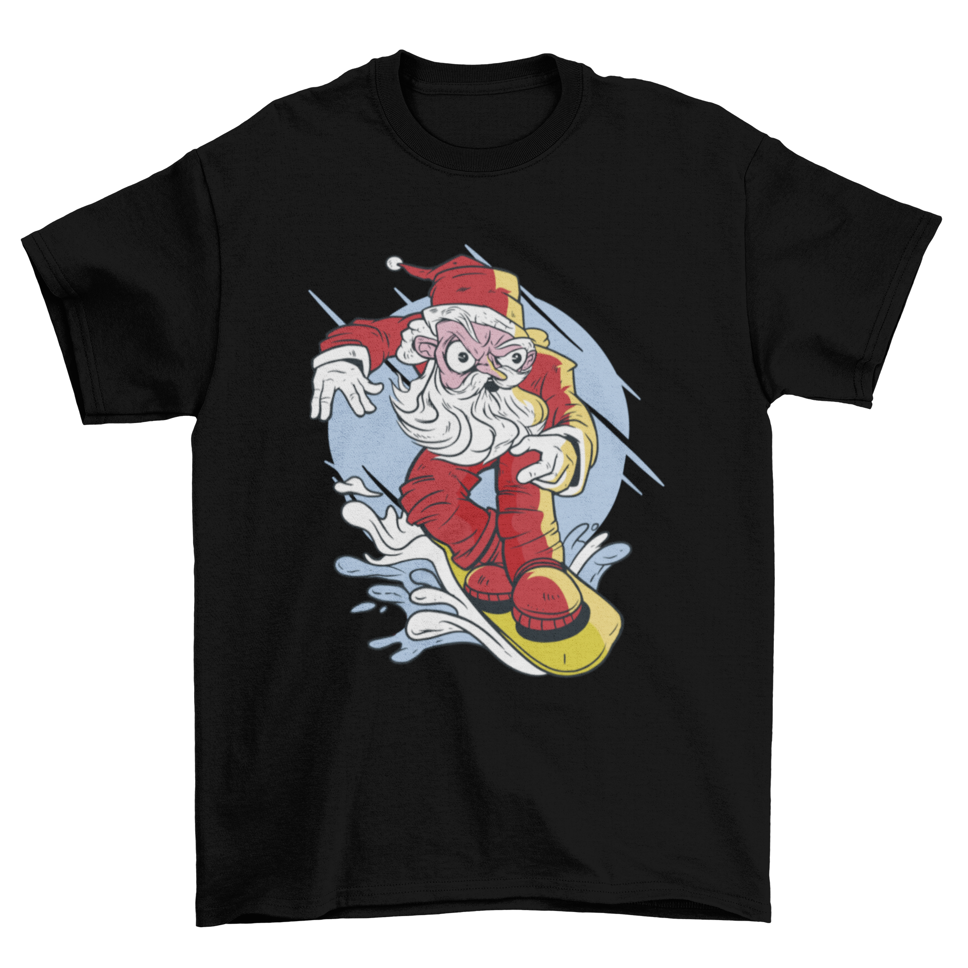 A festive t-shirt design featuring Santa Claus snowboarding down a snowy slope, showcasing vibrant colors and a fun holiday theme.