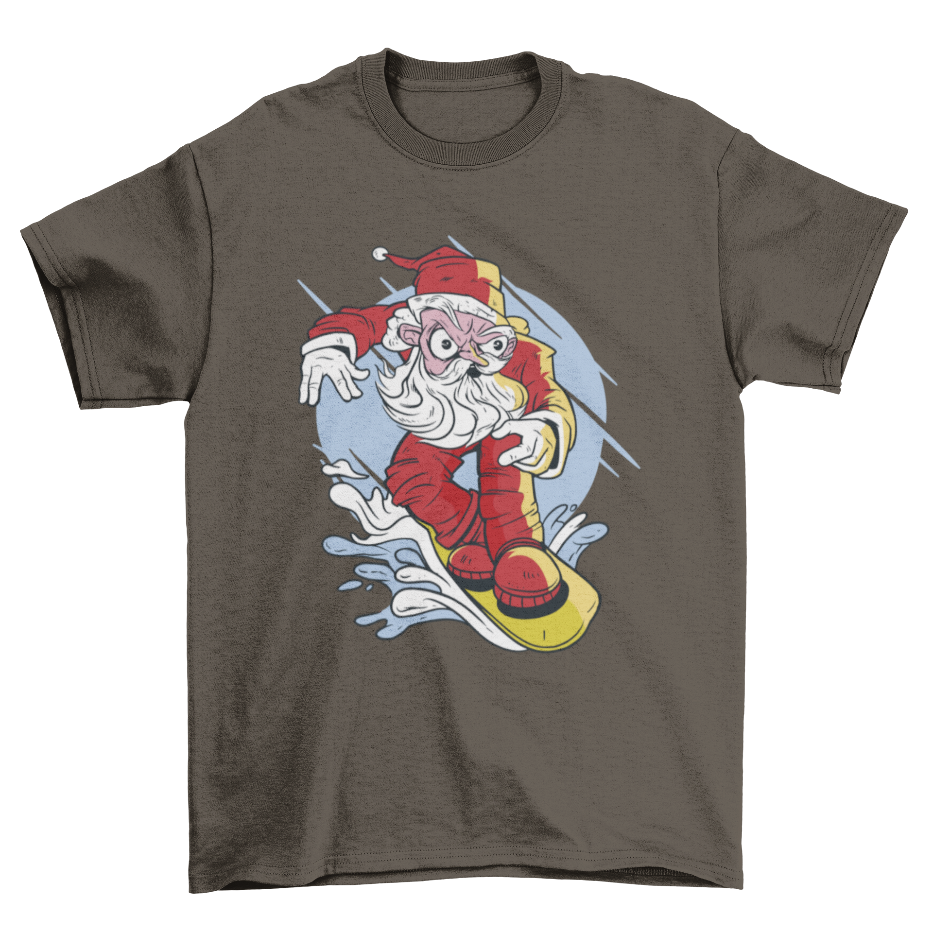 A festive t-shirt design featuring Santa Claus snowboarding down a snowy slope, showcasing vibrant colors and a fun holiday theme.