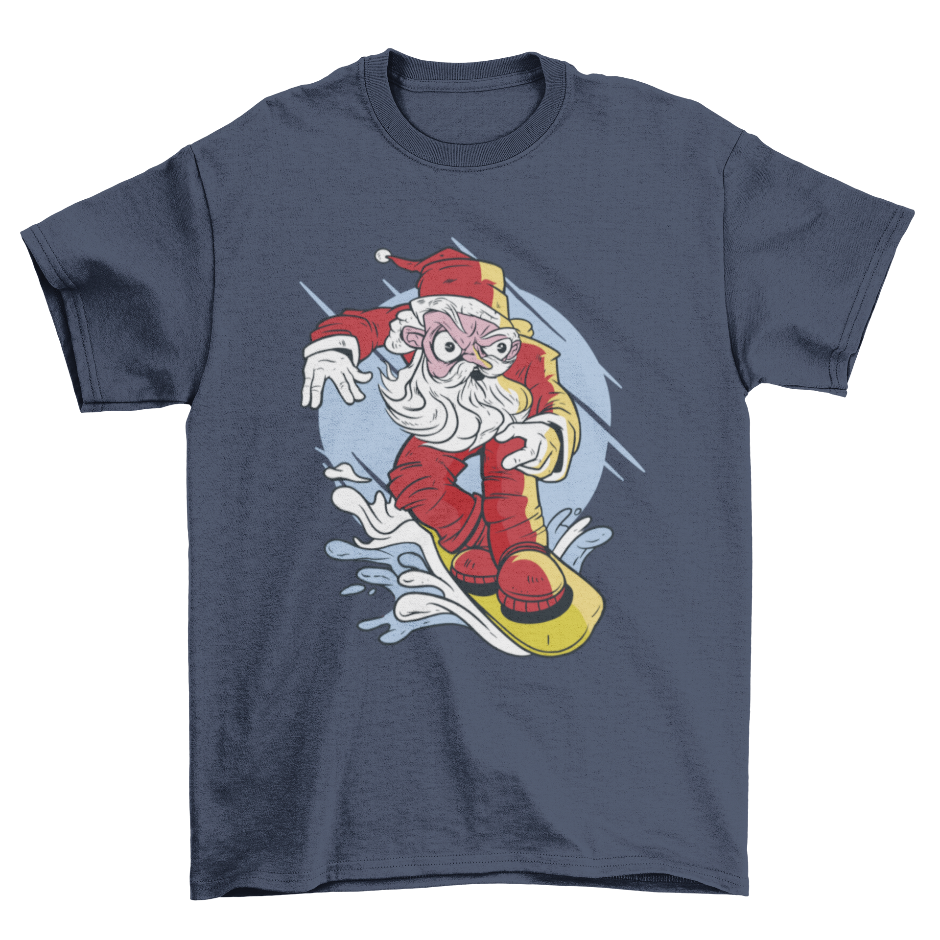 A festive t-shirt design featuring Santa Claus snowboarding down a snowy slope, showcasing vibrant colors and a fun holiday theme.