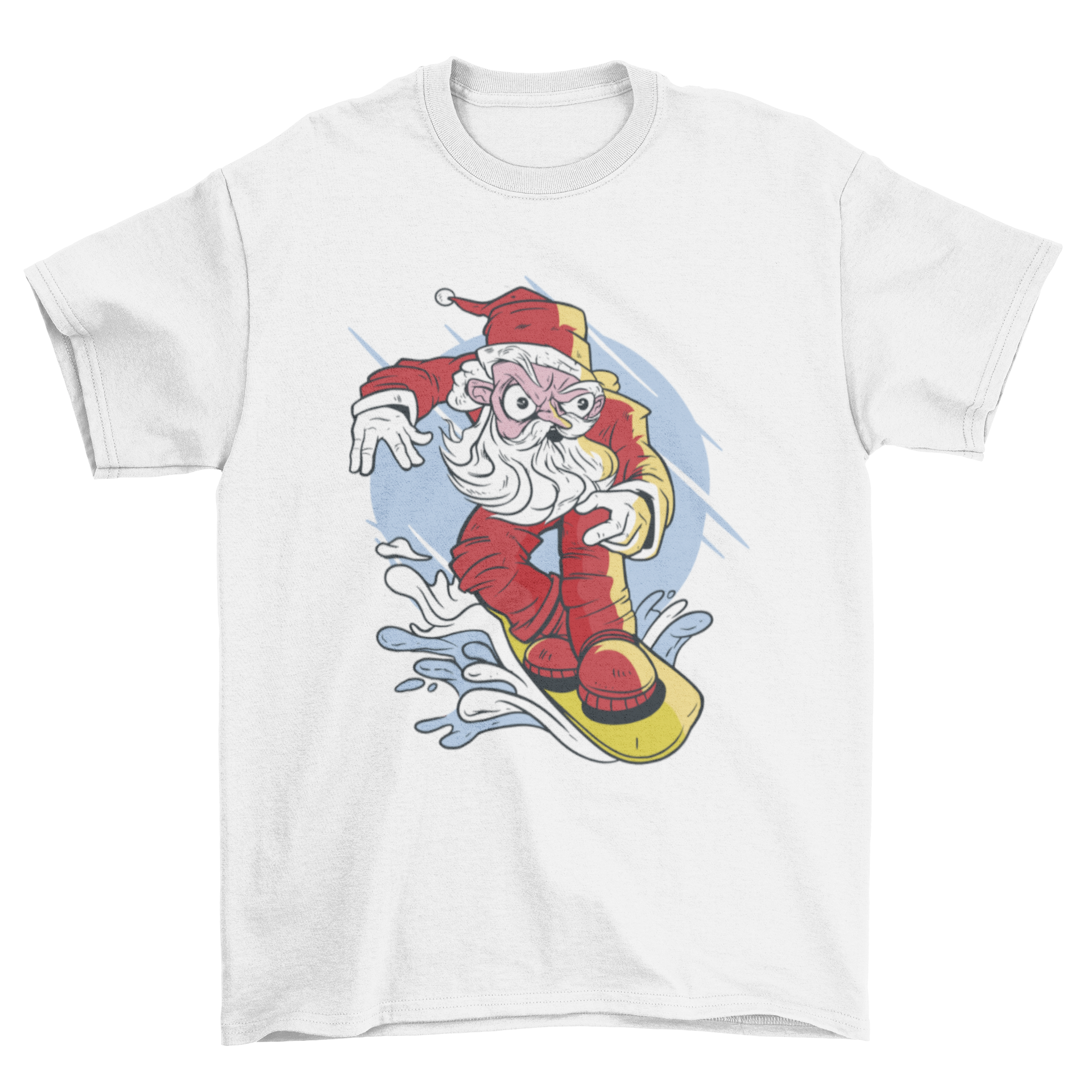 A festive t-shirt design featuring Santa Claus snowboarding down a snowy slope, showcasing vibrant colors and a fun holiday theme.