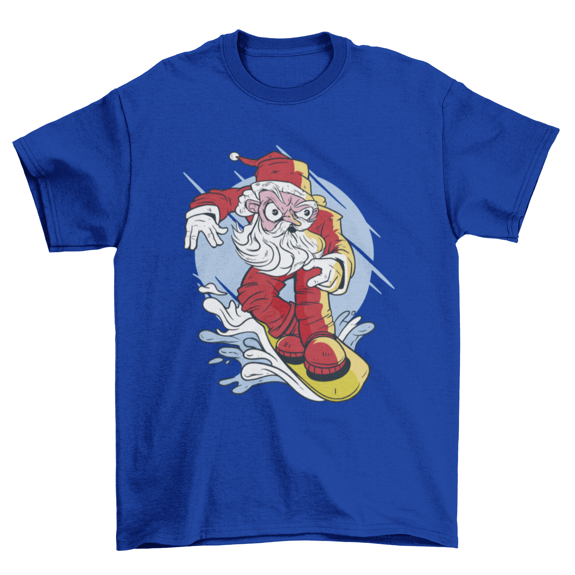 A festive t-shirt design featuring Santa Claus snowboarding down a snowy slope, showcasing vibrant colors and a fun holiday theme.