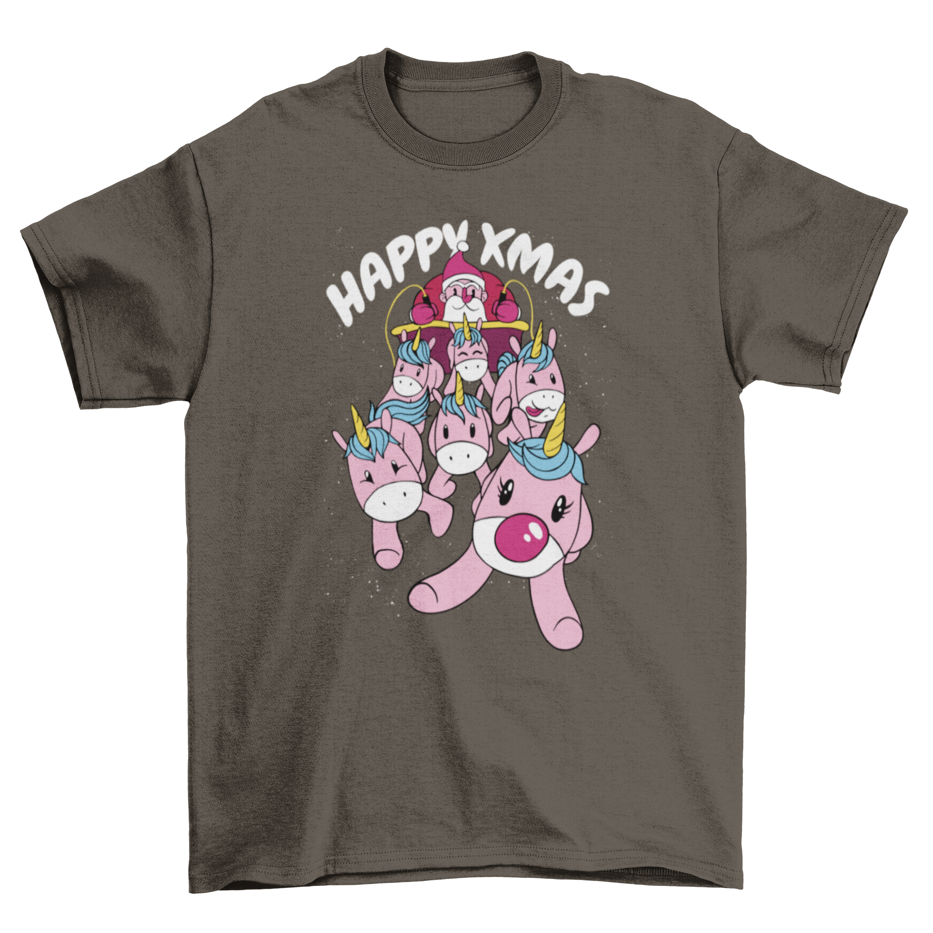 A festive t-shirt featuring Santa Claus driving a sled pulled by unicorns with the quote 'Happy xmas'.