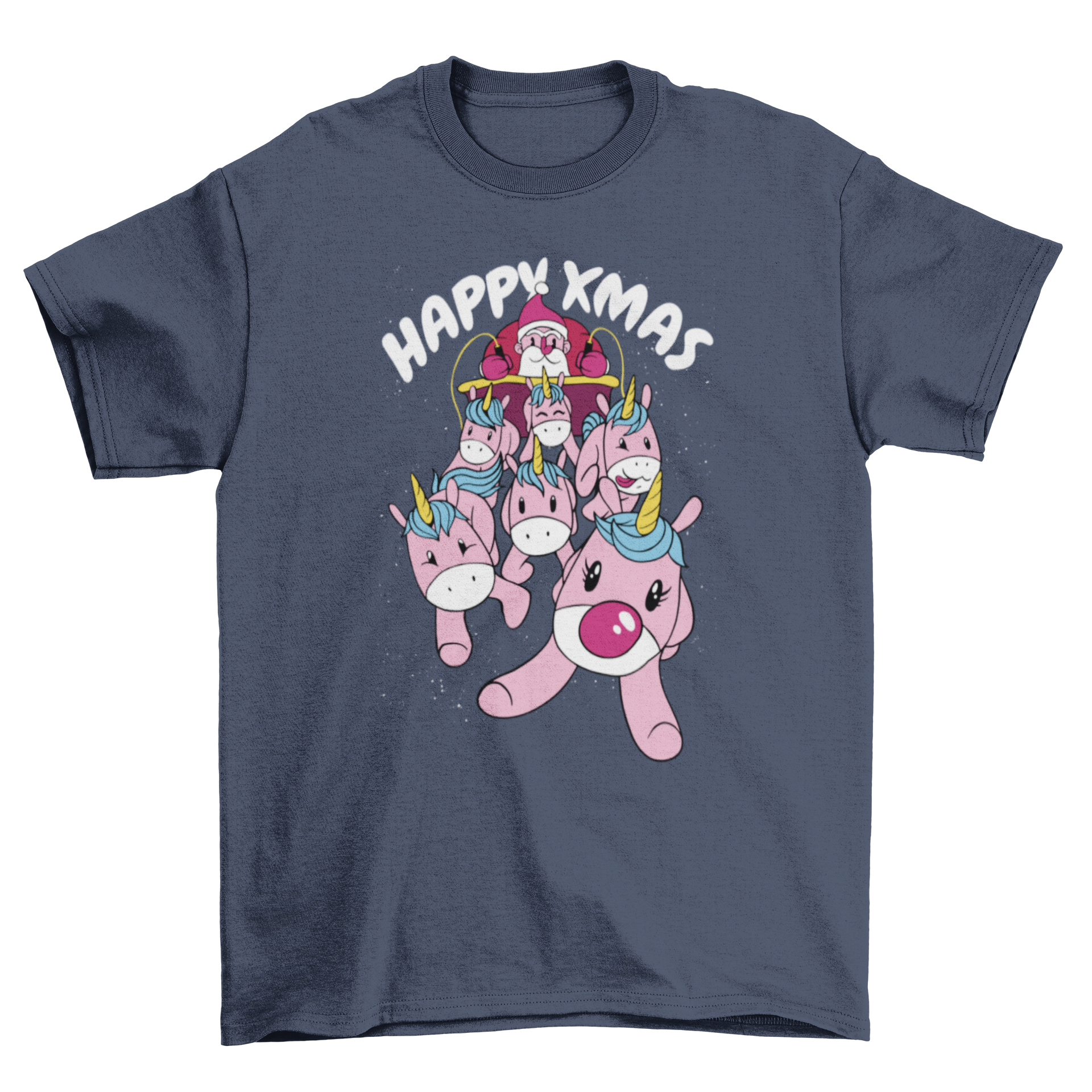 A festive t-shirt featuring Santa Claus driving a sled pulled by unicorns with the quote 'Happy xmas'.