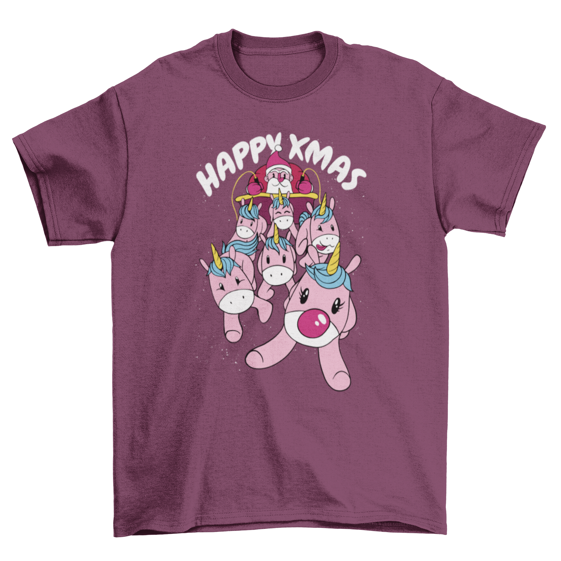 A festive t-shirt featuring Santa Claus driving a sled pulled by unicorns with the quote 'Happy xmas'.
