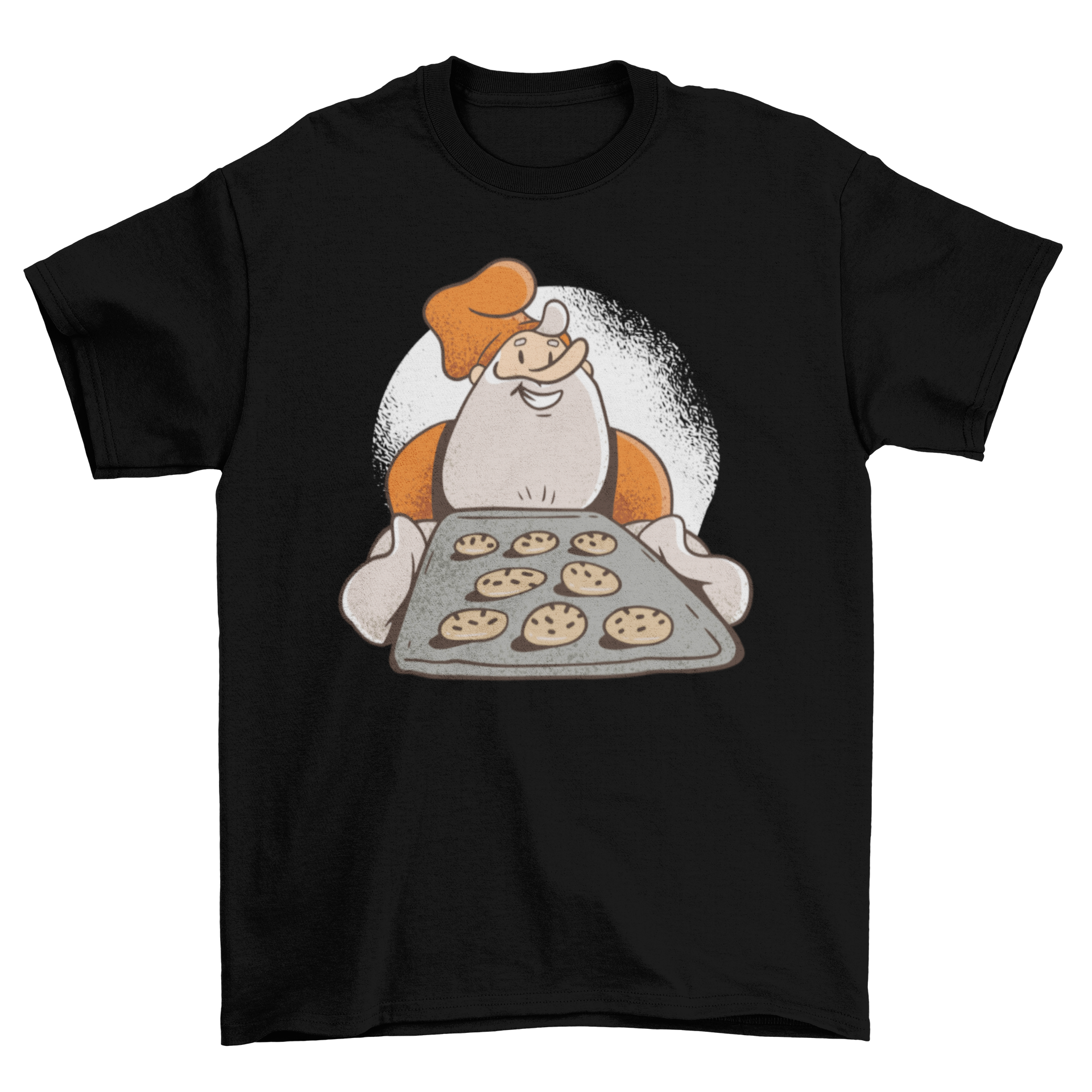 A festive t-shirt featuring a cartoon Santa baking cookies, perfect for Christmas celebrations.