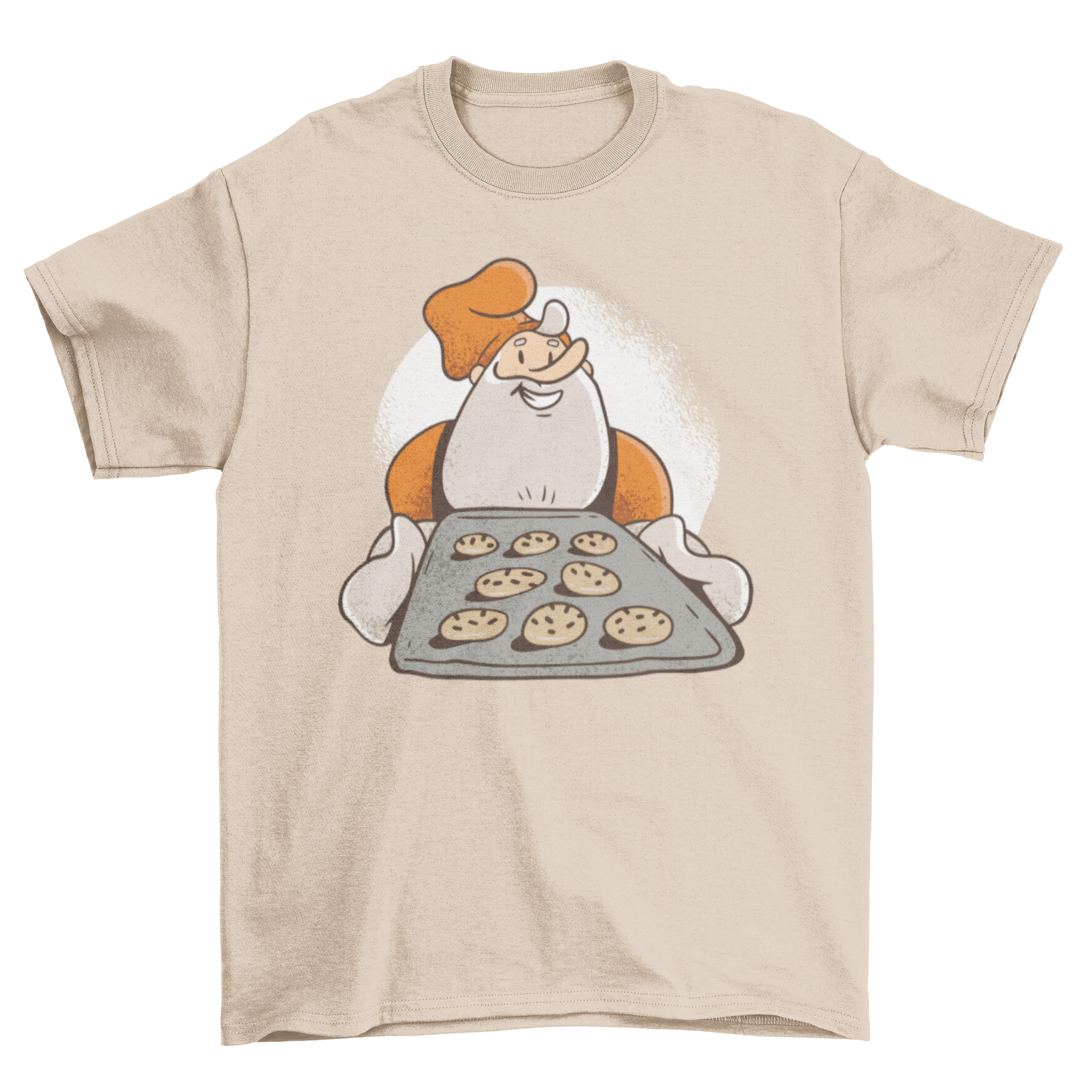 A festive t-shirt featuring a cartoon Santa baking cookies, perfect for Christmas celebrations.
